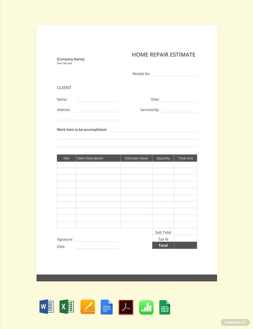 Home Repair Estimate Template In Word Excel Pages Numbers PDF Google Sheets Google Docs Download Template