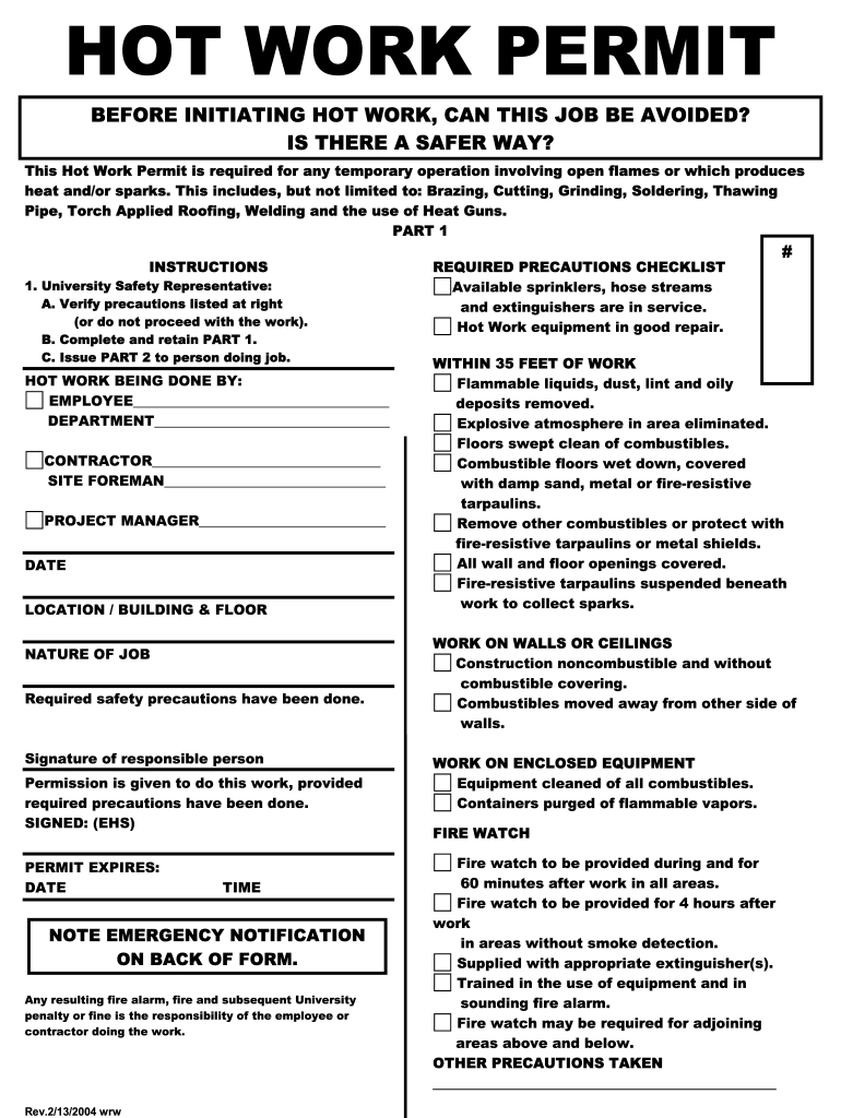 Printable Hot Work Permit Template