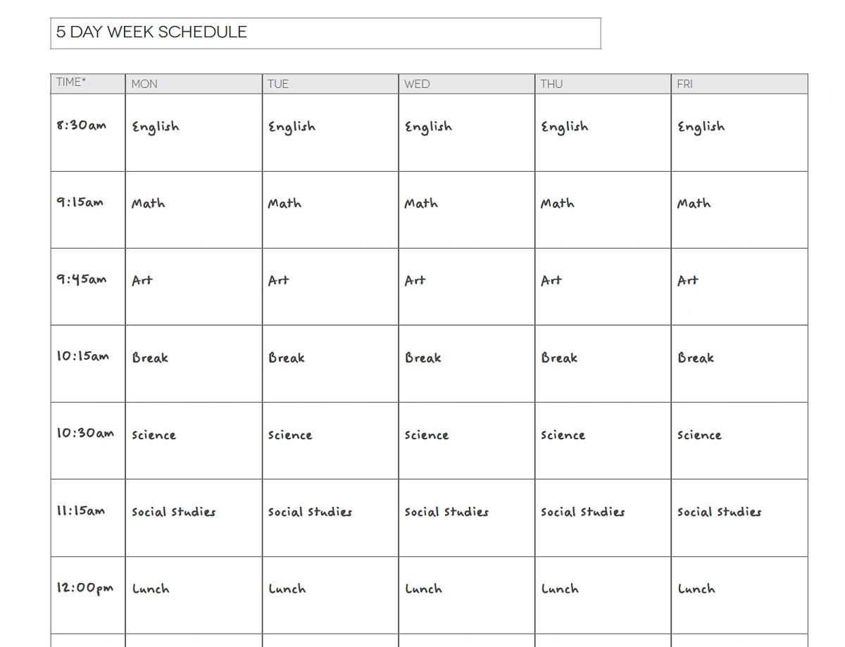 Printable Homeschool Schedule Template