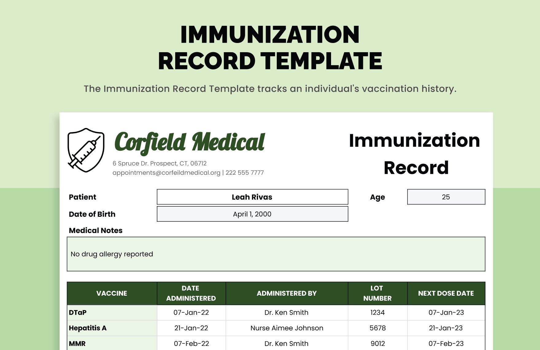 Printable Immunization Record Template