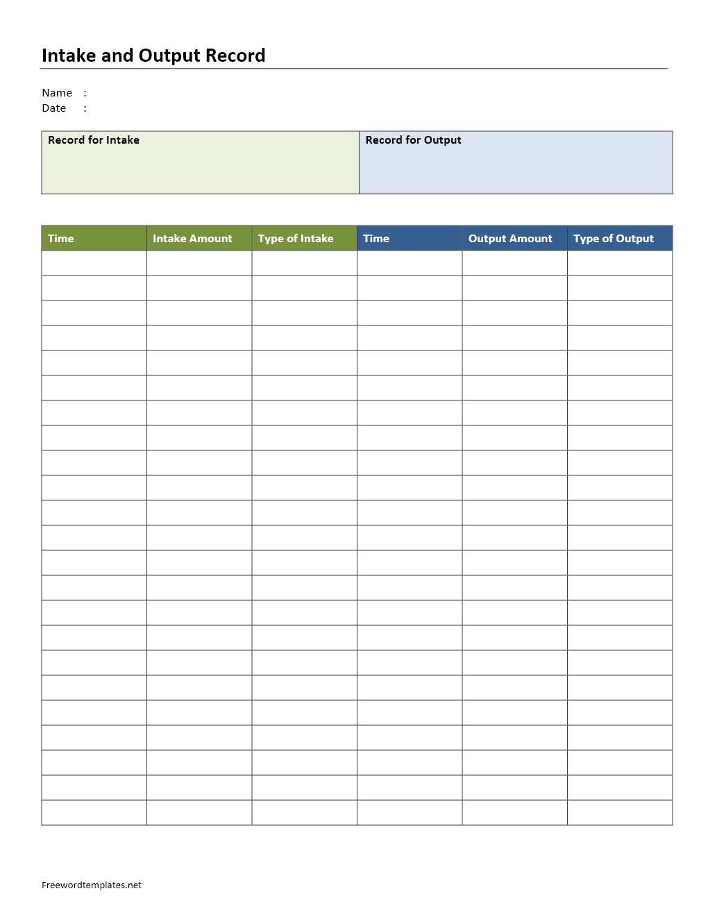 Printable Fluid Intake Chart Template