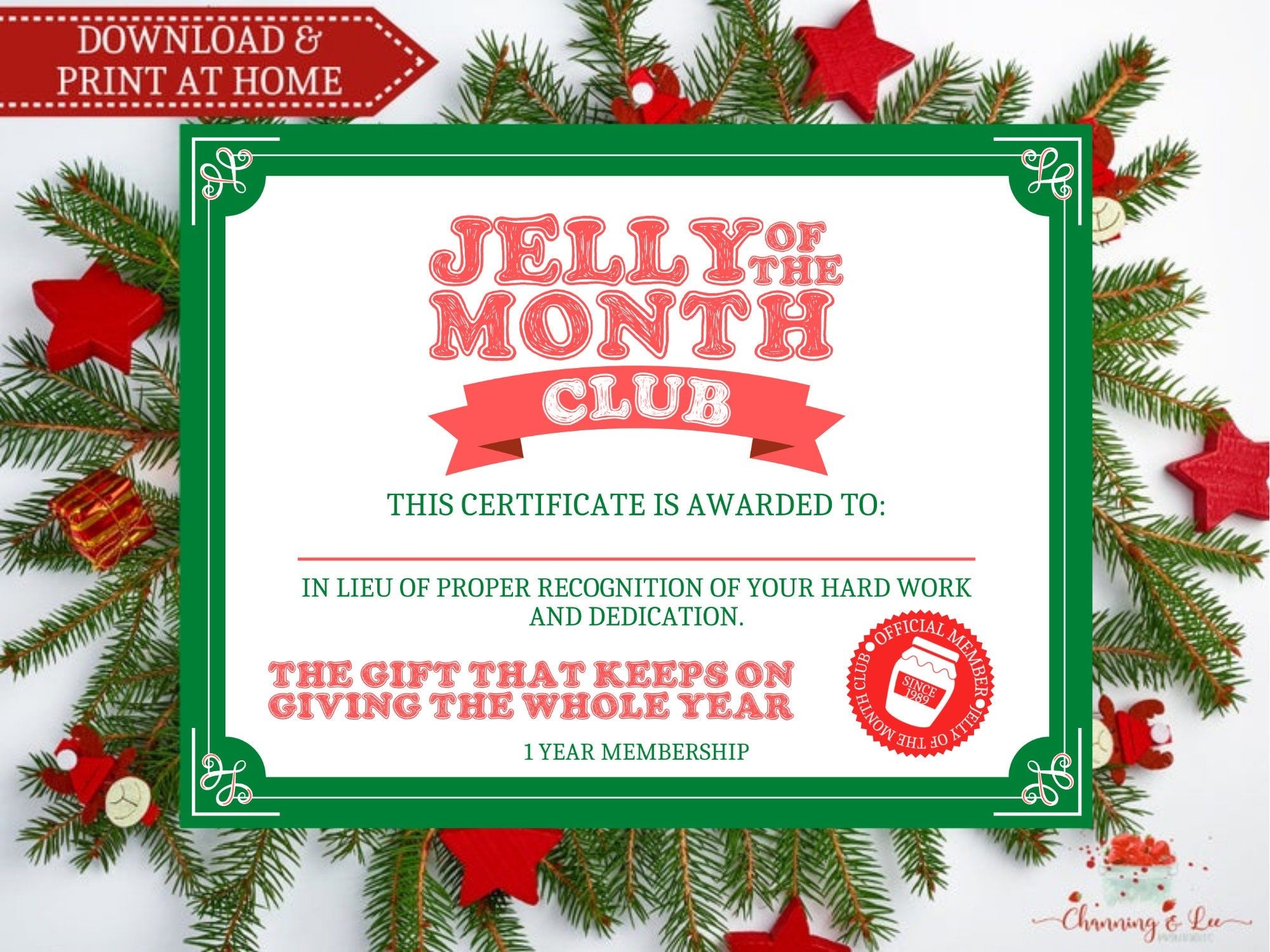 Printable Jelly Of The Month Club Certificate Template