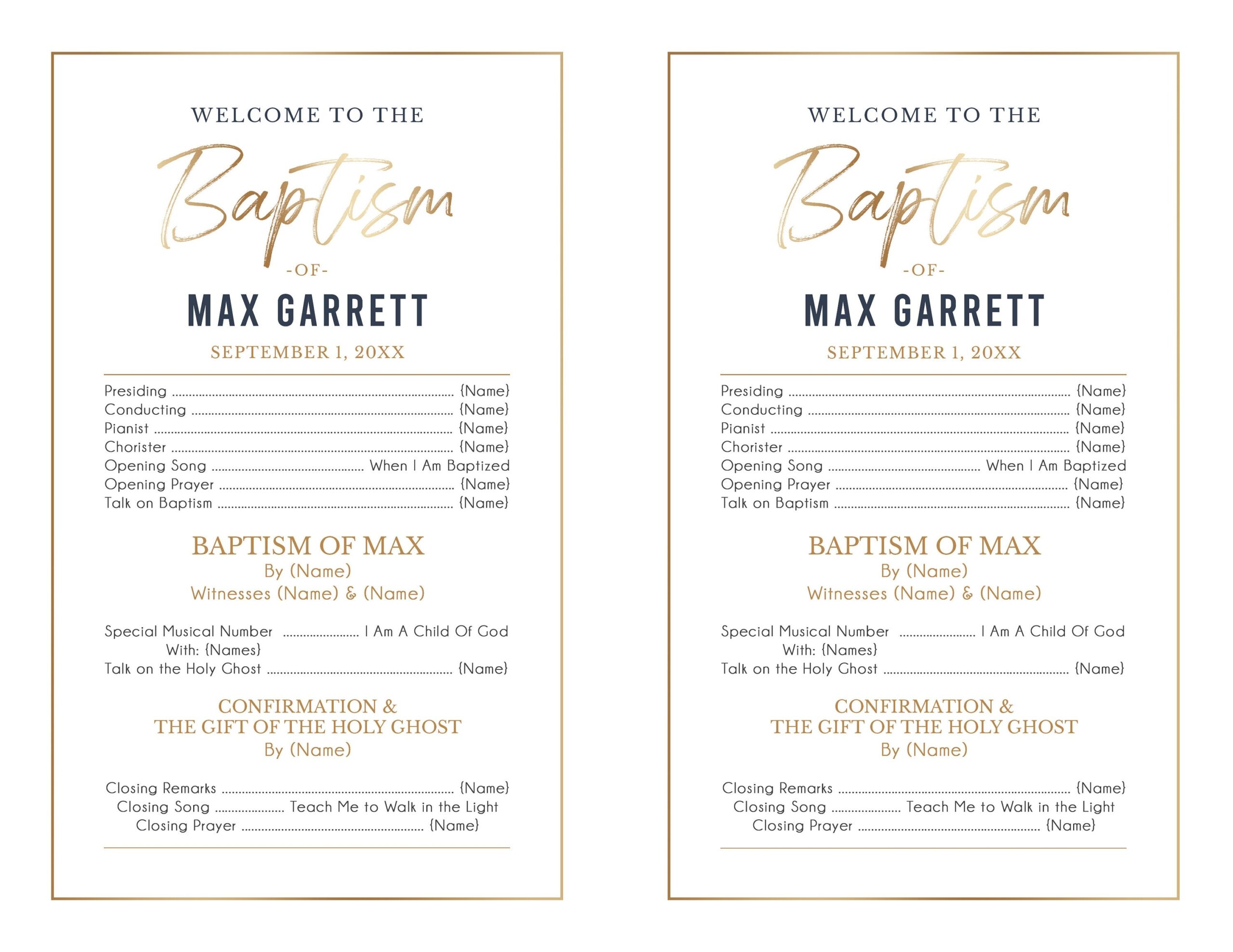 LDS Baptism Program 1 2 Sheet Baptism Program Boy Baptism Program Template LDS Baptism Boy Baptism Programs Photoshop