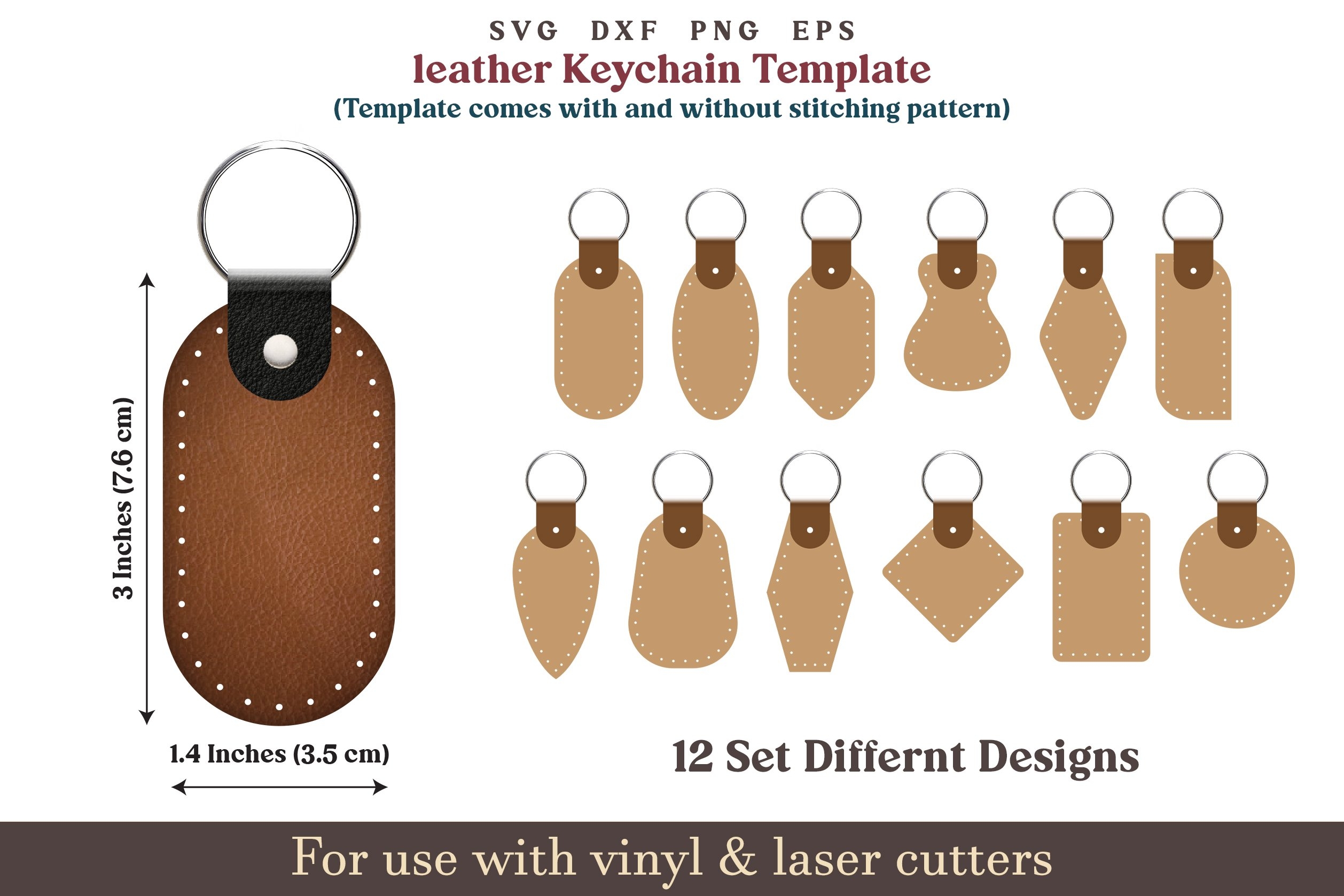 Leather Keychain Template SVG 12 Set Key Fob Pattern Bundle