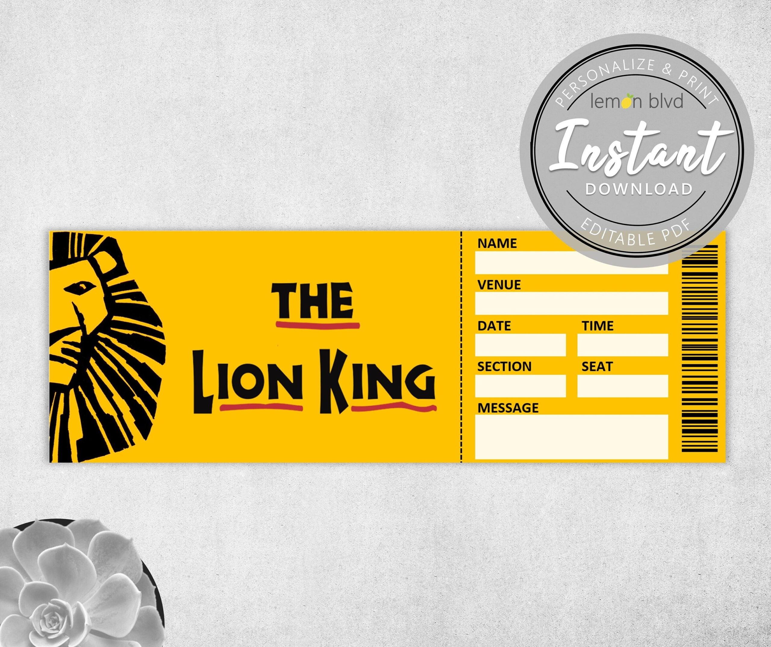 Lion King Ticket Printable Surprise Gift Reveal Broadway Musical Theatre Souvenir Editable PDF Instant Digital Download Template Etsy Lion King Tickets Lion King Musical Tickets