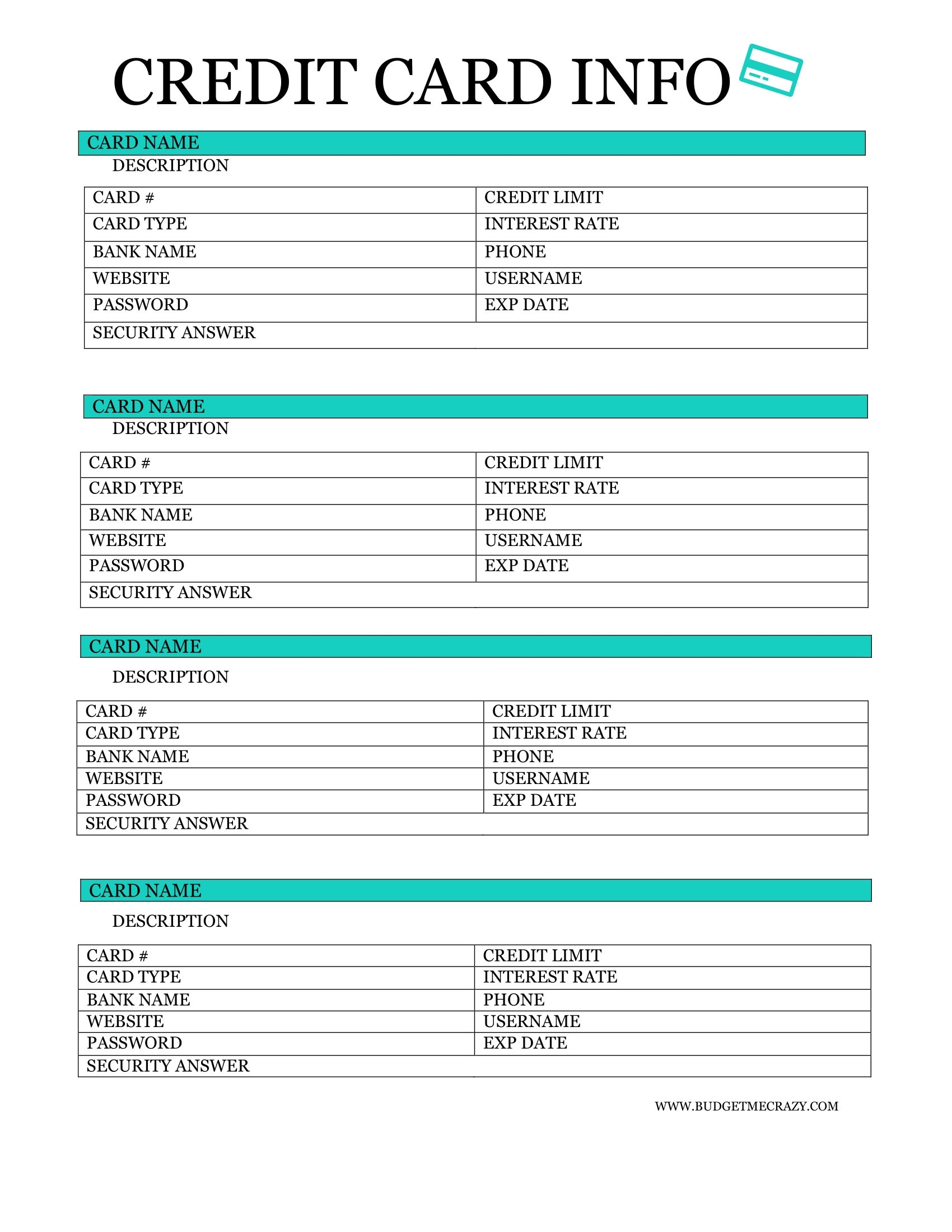 Printable Credit Card Log Template