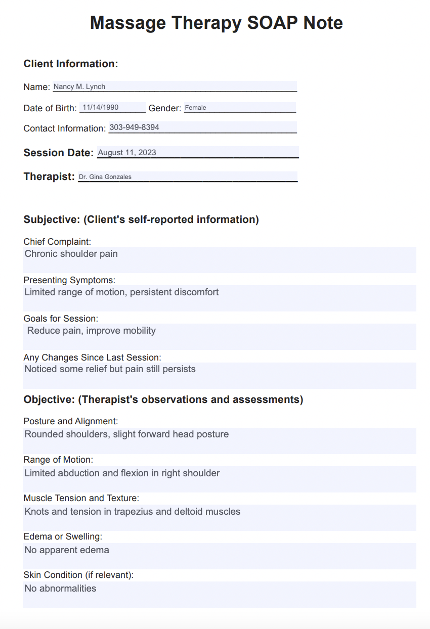 Printable Massage Therapy Soap Notes Template