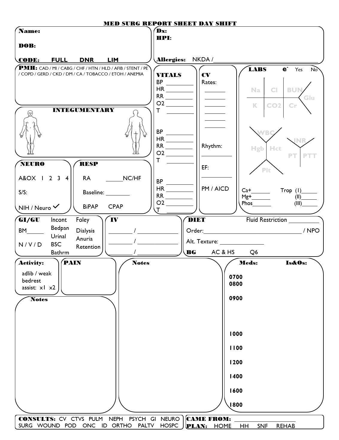 Printable Nursing Shift Report Template
