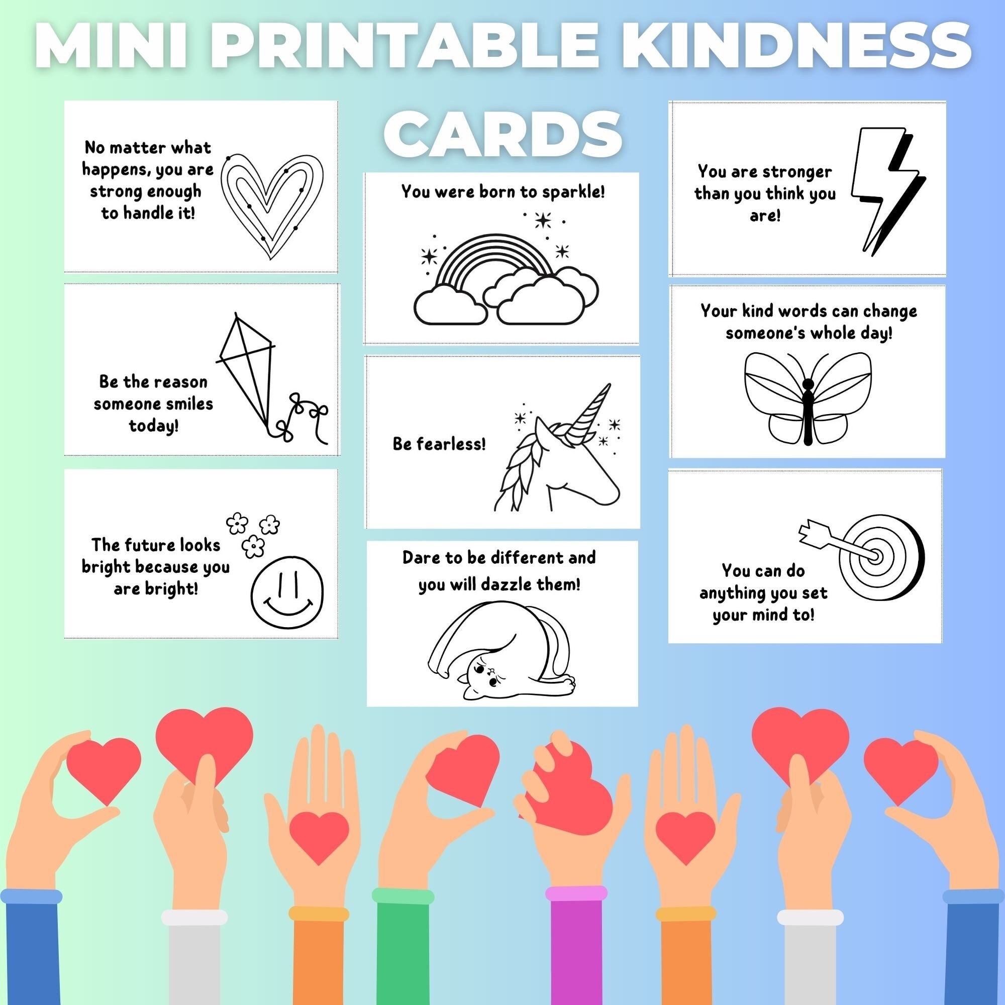 Mini Kindness Cards To Color Loving Kindness Printable Kindness Cards think Positive words Of Affirmation coloring Cards For Kids positive Etsy