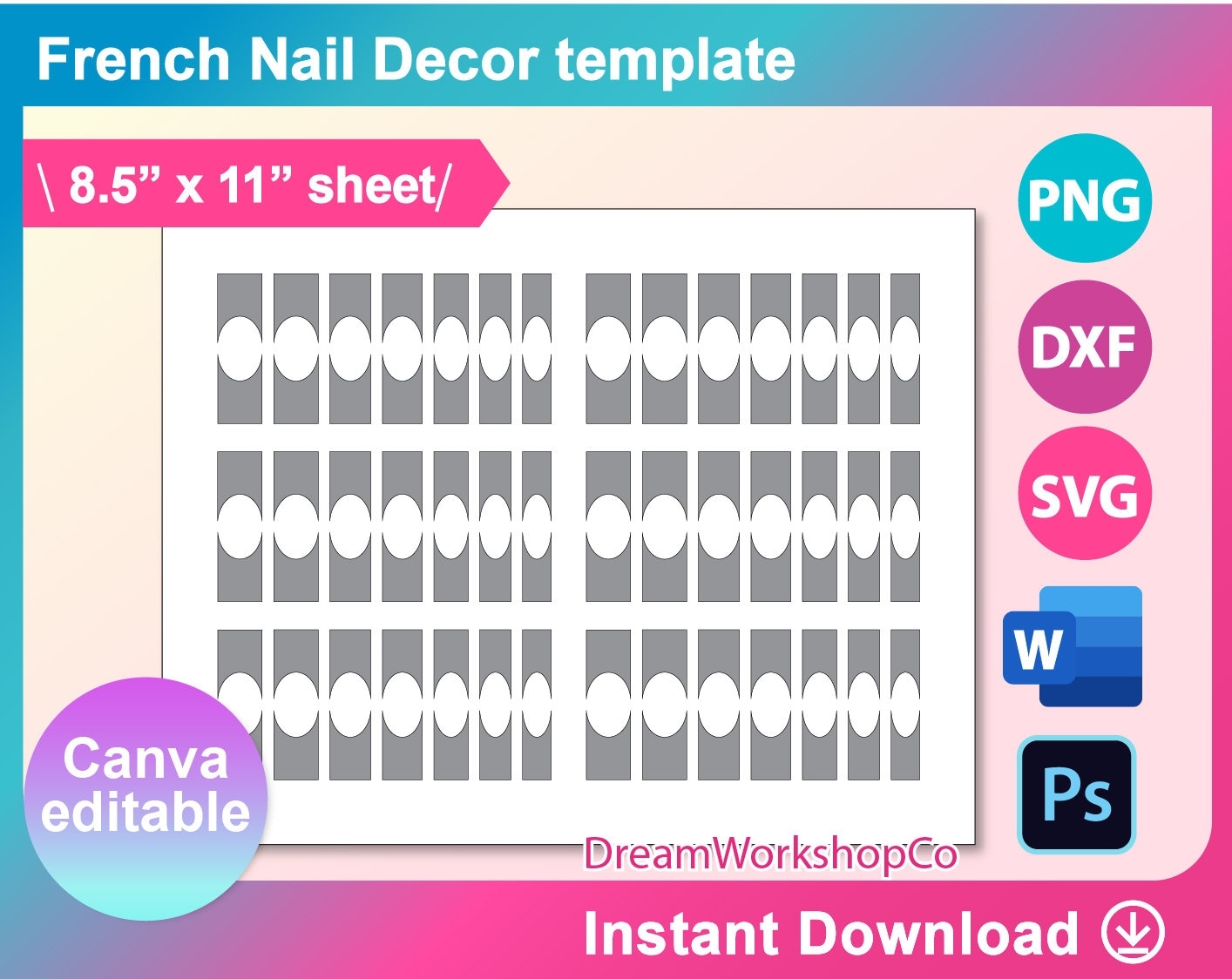 Nail Template French Tip Nail Template Nail Template SVG Canva DXF Ms Word Docx Png PSD 8 5x11 Sheet Printable Etsy