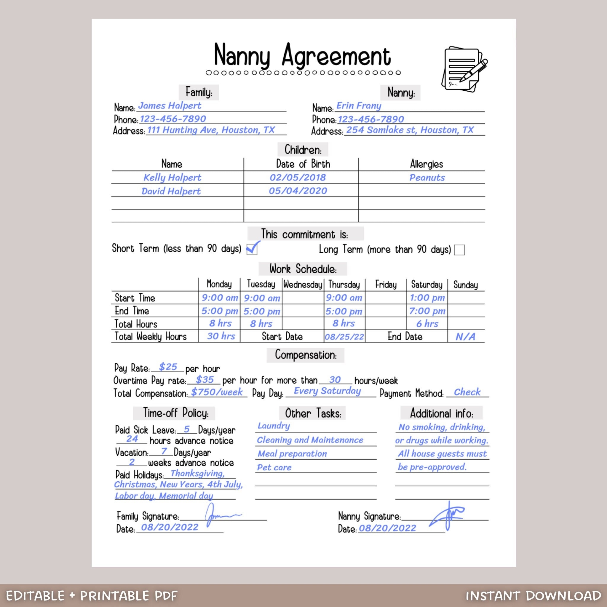 Nanny Agreement Worksheet Editable Printable Nanny Contract Fillable PDF Template One Page Nanny And Family Agreement Babysitter Form Etsy