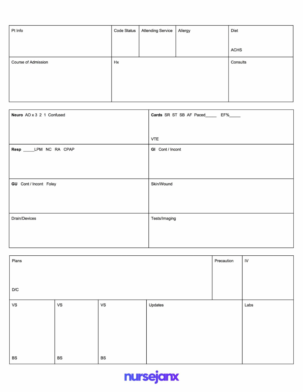 Printable Nurse Report Sheet Template