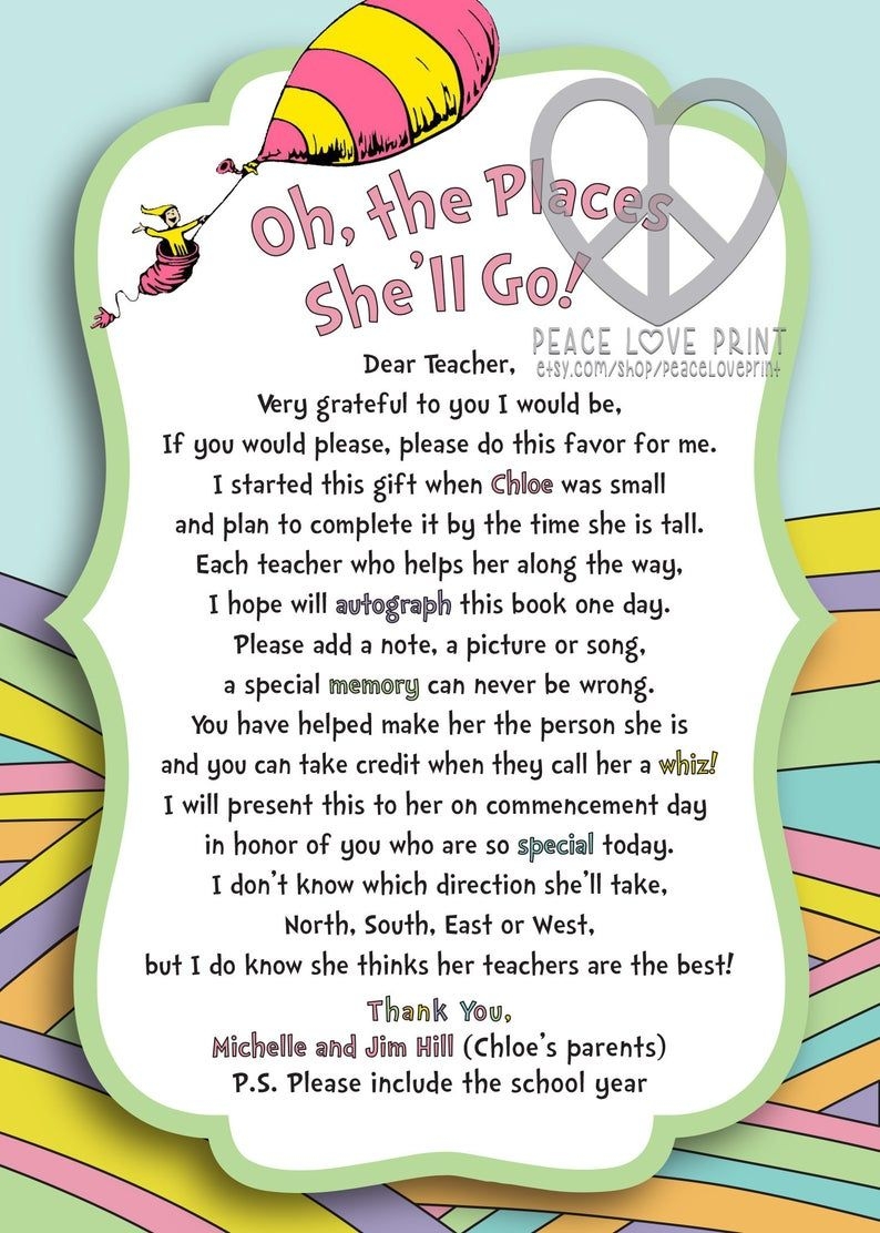 Oh The Places You ll Go Instruction Card For Teachers To Sign Book Digital File Etsy Teacher Cards Teacher Books Graduation Book