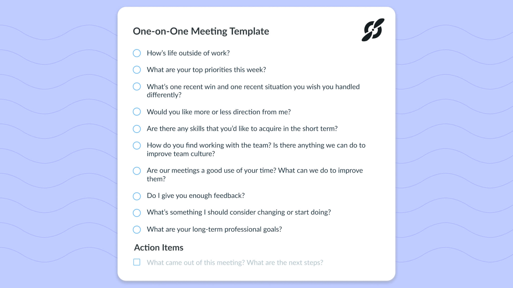 One on One Meeting Template Top Questions To Ask Fellow app
