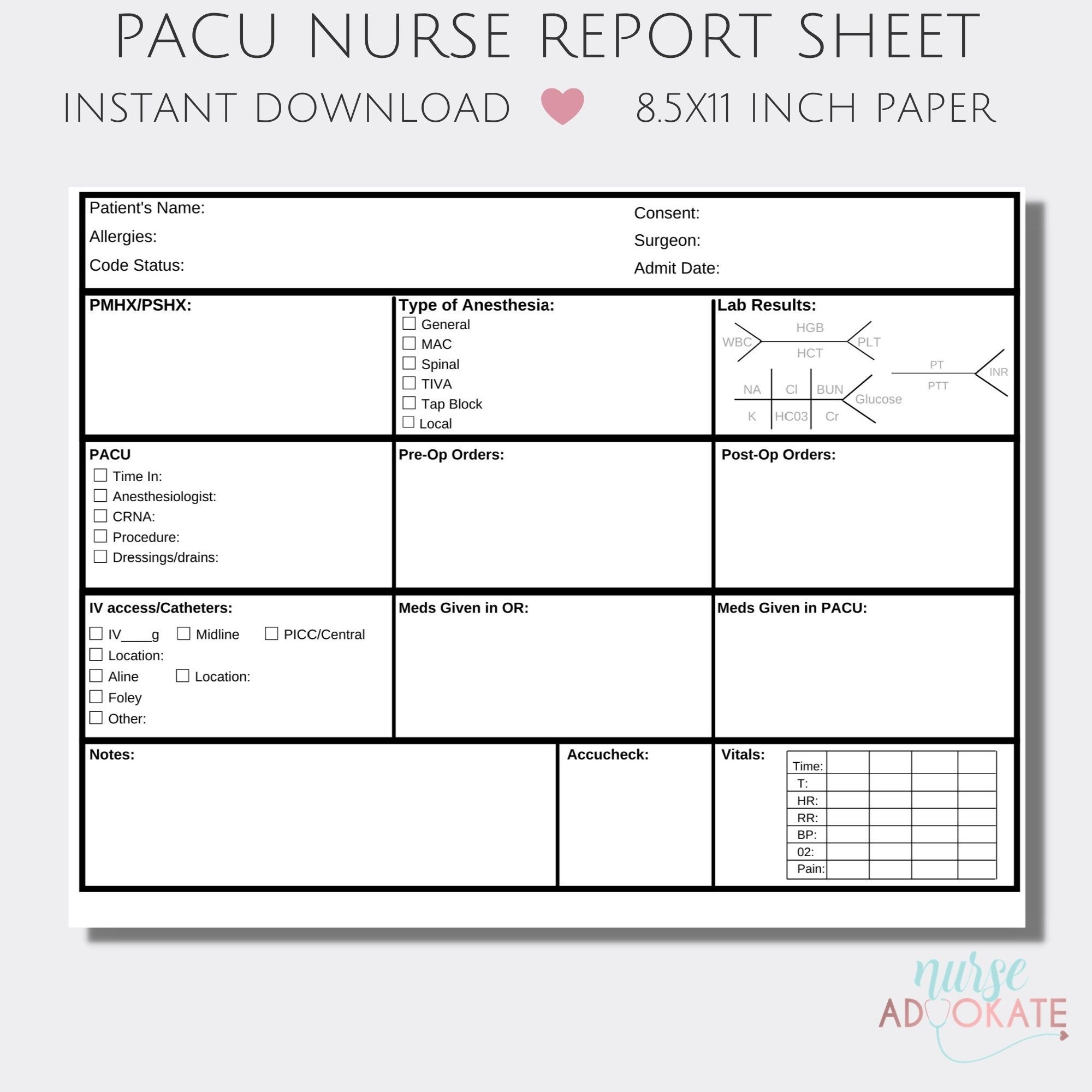 PACU Nurse Single Patient Report Sheet Template SBAR Nurse Handoff Post op Nurse Brain Sheet Nursing Student Report PDF Operating Room Etsy Pacu Nursing Nurse Brain Sheet Nurse Report Sheet