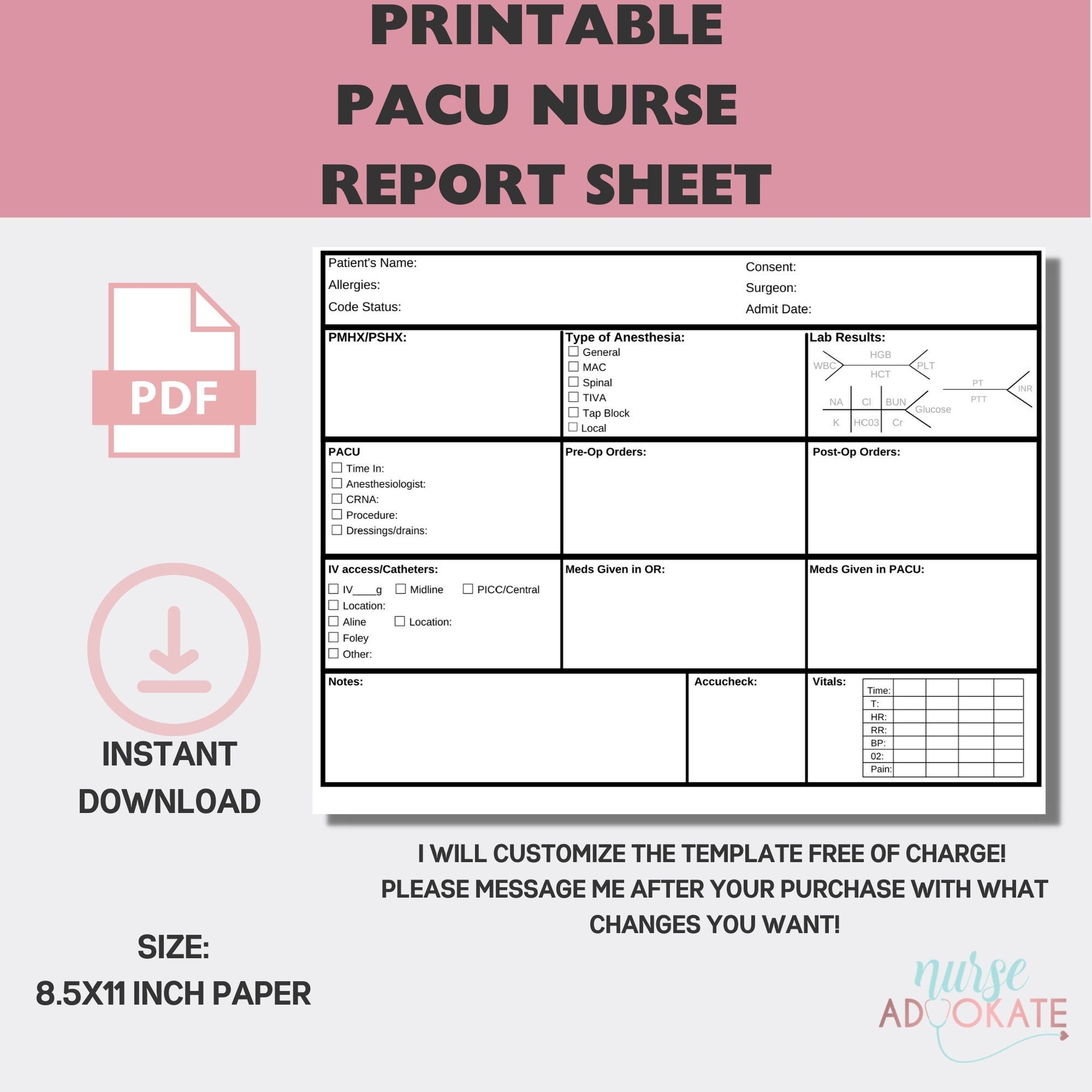 PACU Nurse Single Patient Report Sheet Template SBAR Nurse Handoff Post op Nurse Brain Sheet Nursing Student Report PDF Operating Room Etsy