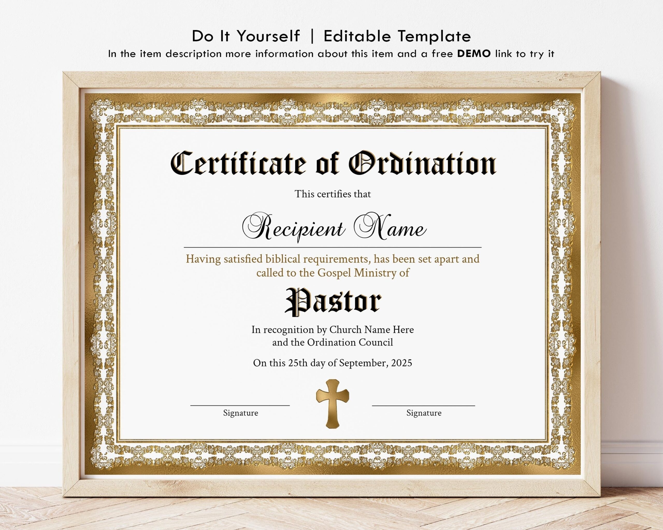 Printable Pastor Ordination Certificate Template