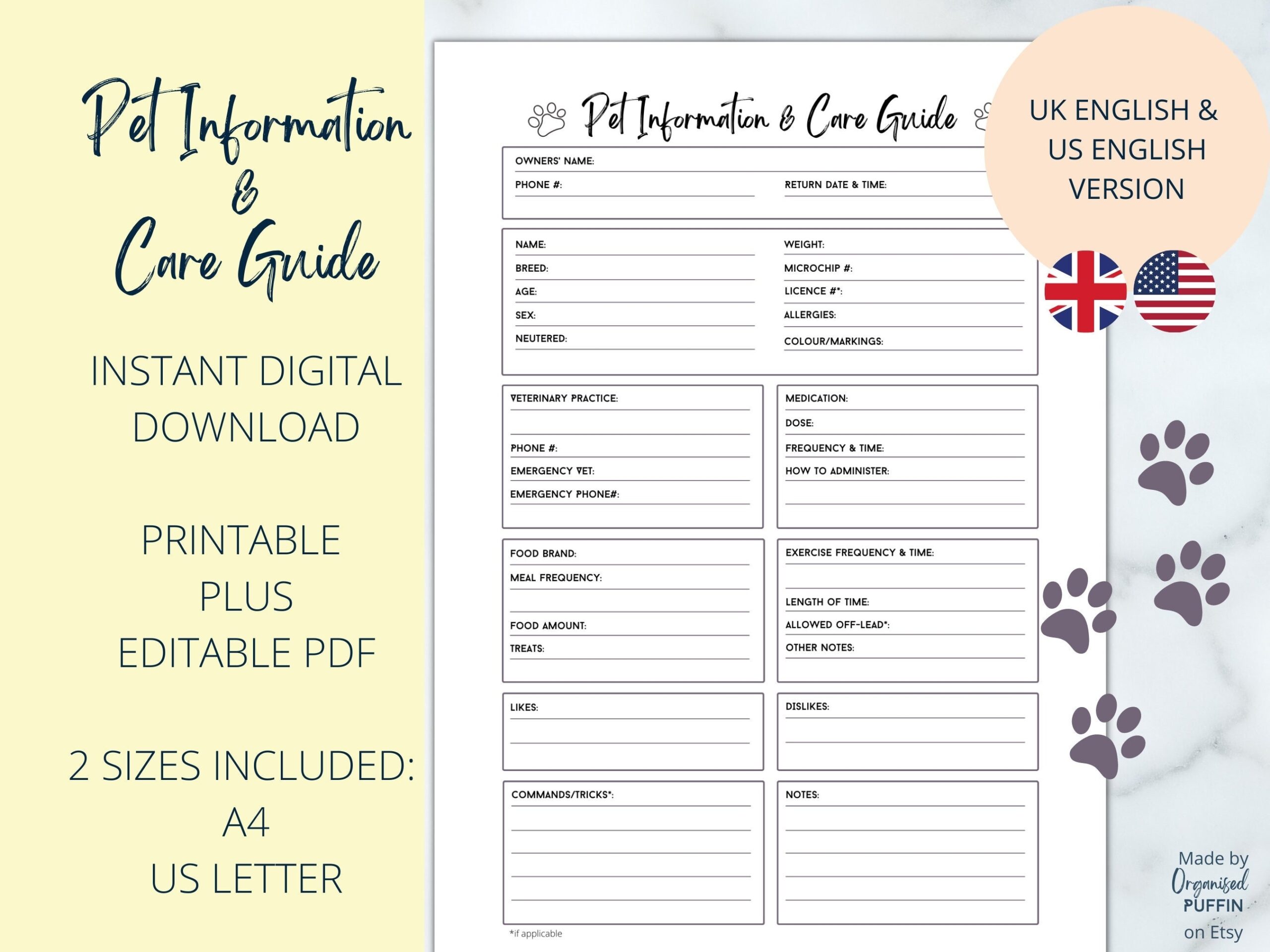 Printable Pet Information Sheet Template