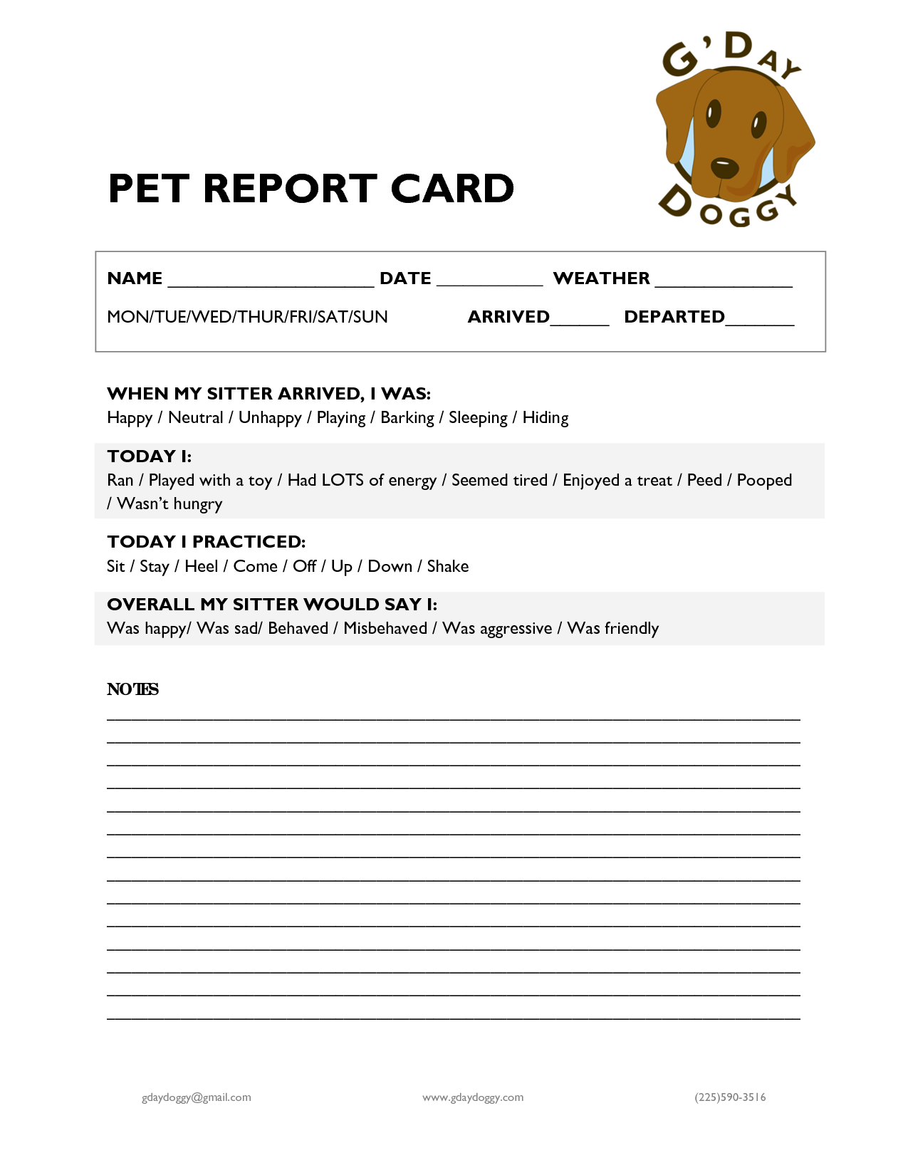 Printable Dog Daycare Report Card Template