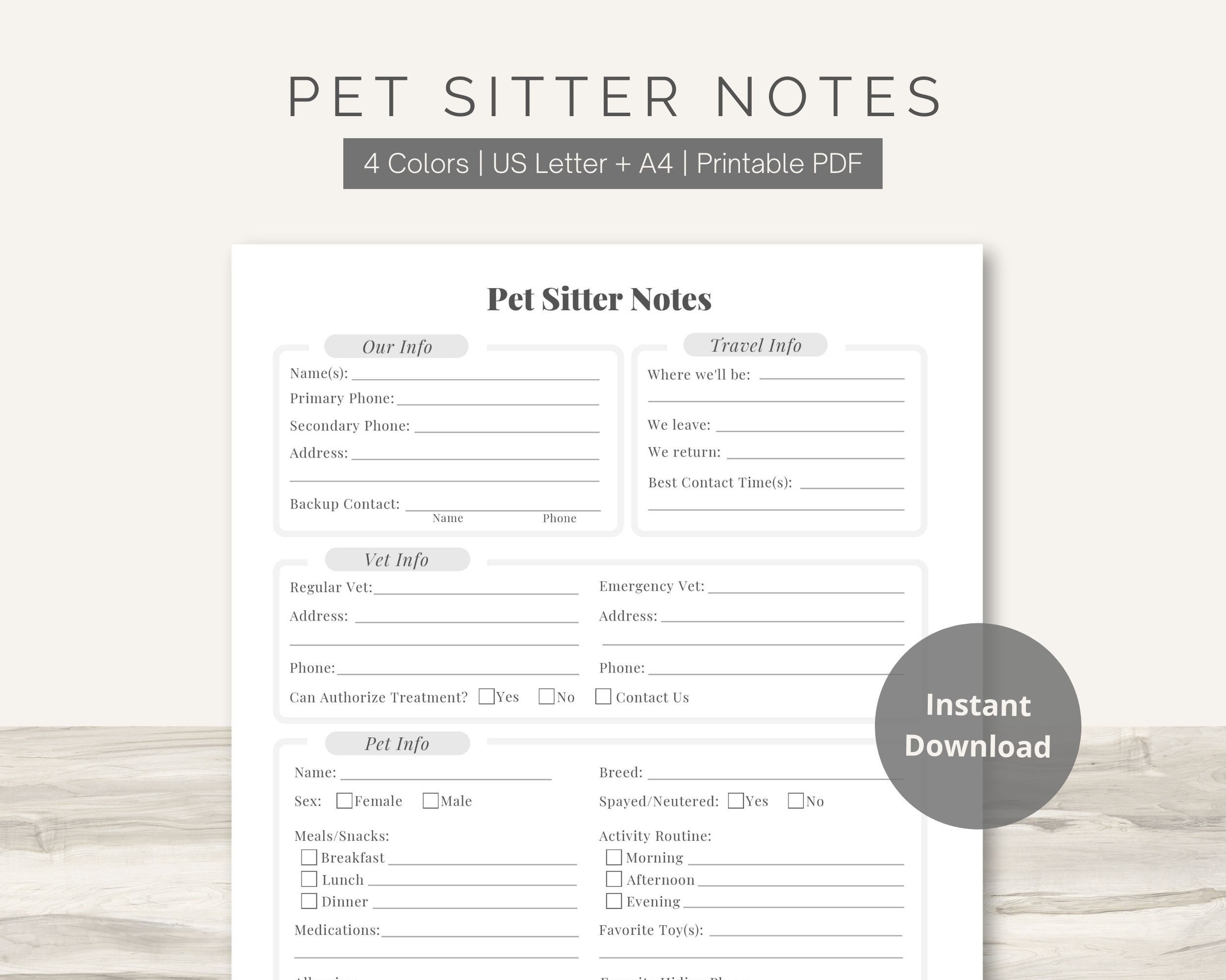 Pet Sitter Notes Printable PDF Owner Info Template Dog Cat Or Other Animal Daily Care Form Digital Download US Letter A4 Etsy