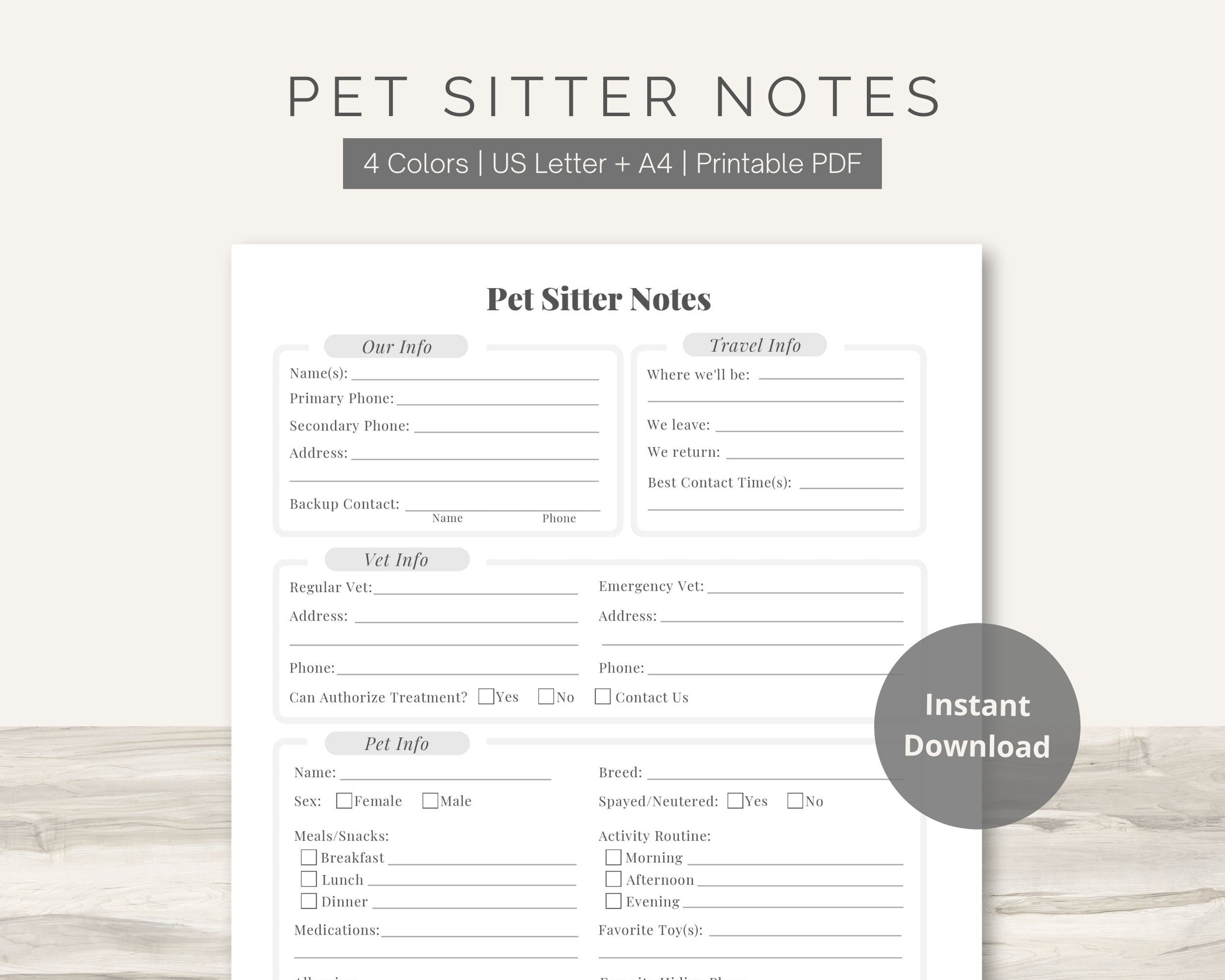 Pet Sitter Notes Printable PDF Owner Info Template Dog Cat Or Other Animal Daily Care Form Digital Download US Letter A4 Etsy
