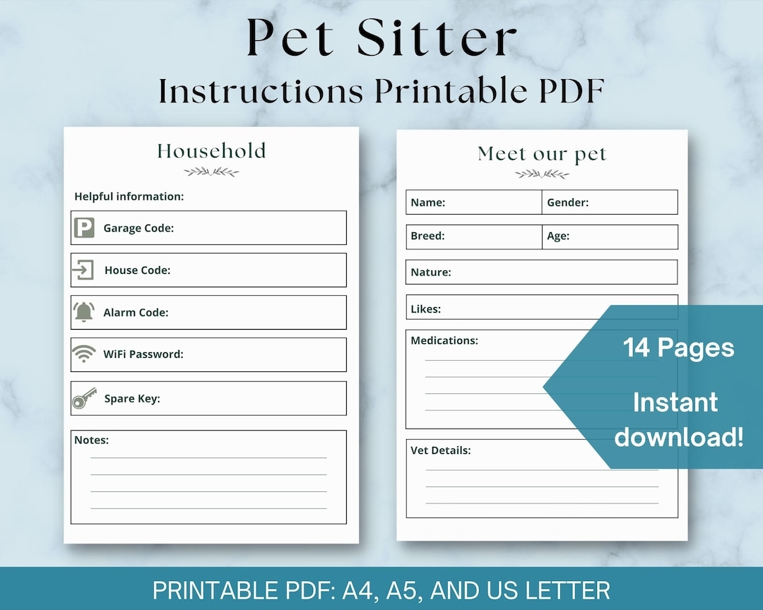 Pet Sitter Notes Printable Pet Sitter Instructions PDF Guide For Pet Sitters Pet Sitter Welcome Guide Downloadable PDF Pet Sitting Etsy