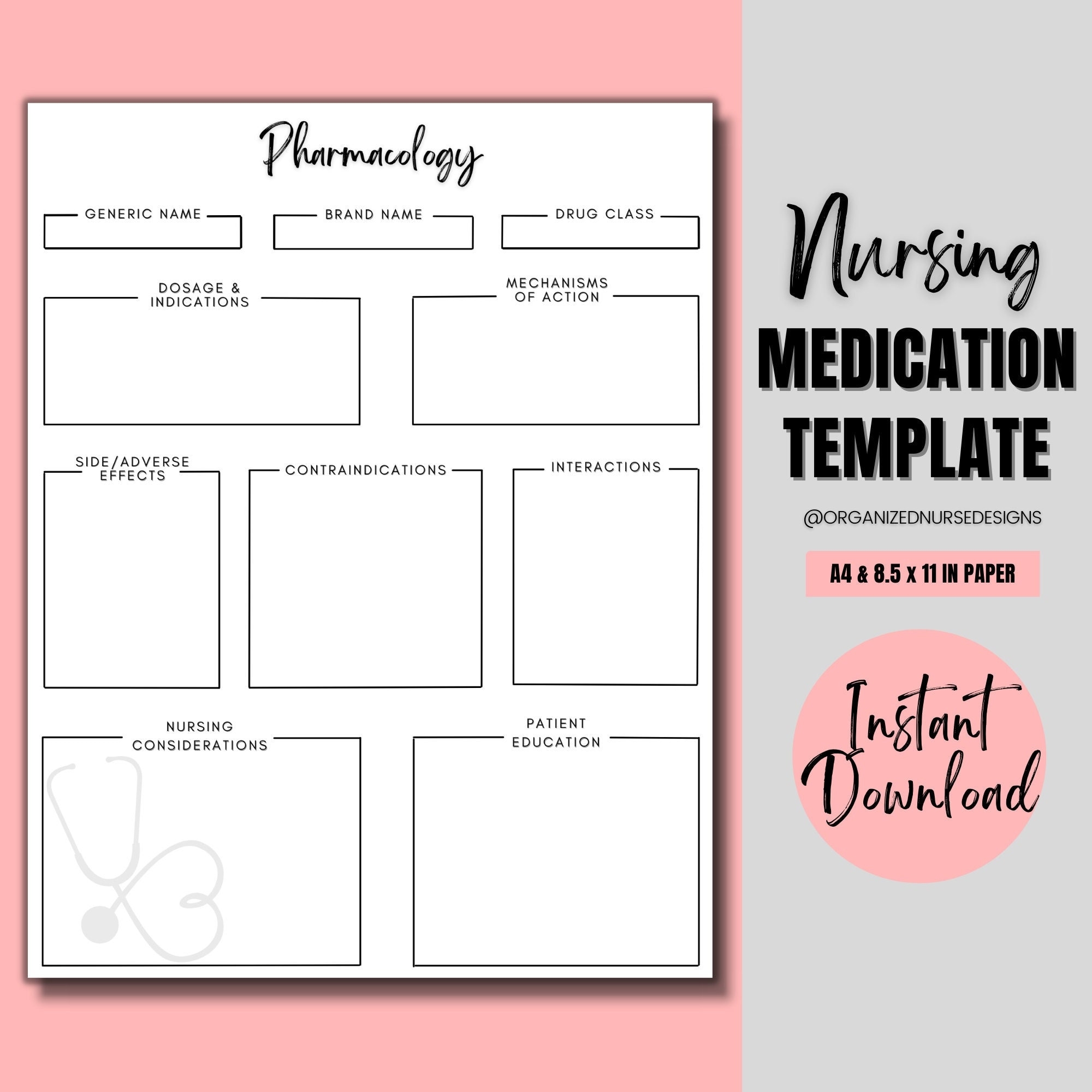 Pharmacology Nursing Template Nursing Student Printable Nursing School Nursing Template Nurse Pharmacology Study Guide Etsy