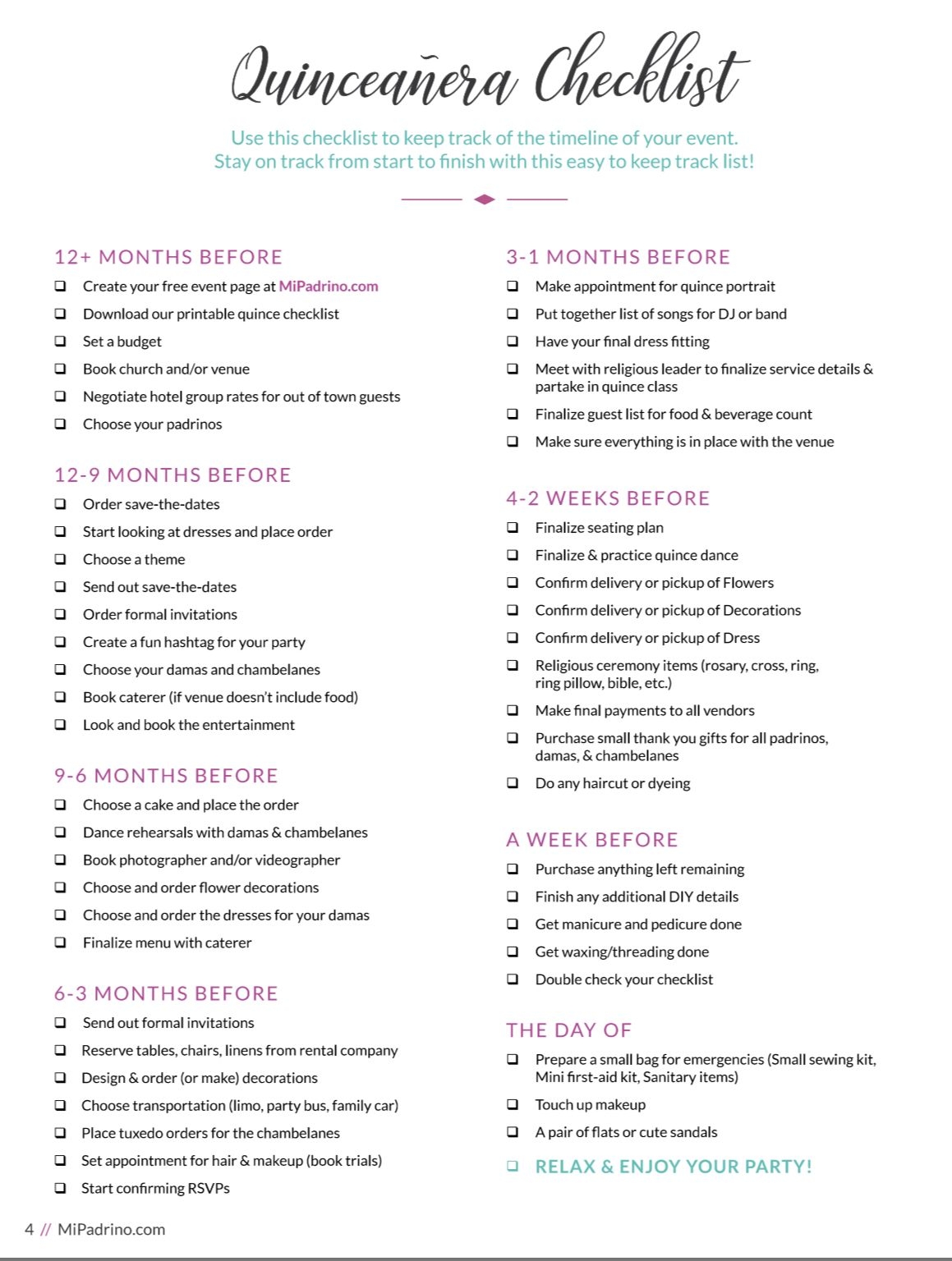 PLANNING TIME La Quincea era Quinceanera Checklist Quinceanera Planning Checklist Sweet 15 Party Ideas Quinceanera
