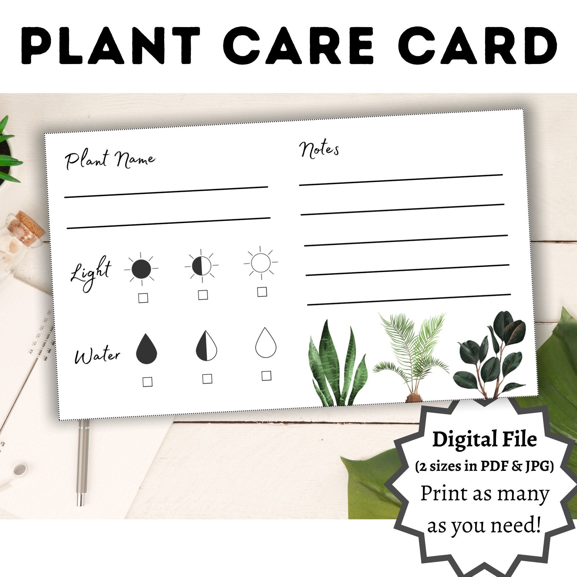 Plant Care Card Blank Card Printable Digital Download Instant Download Style 1 Etsy