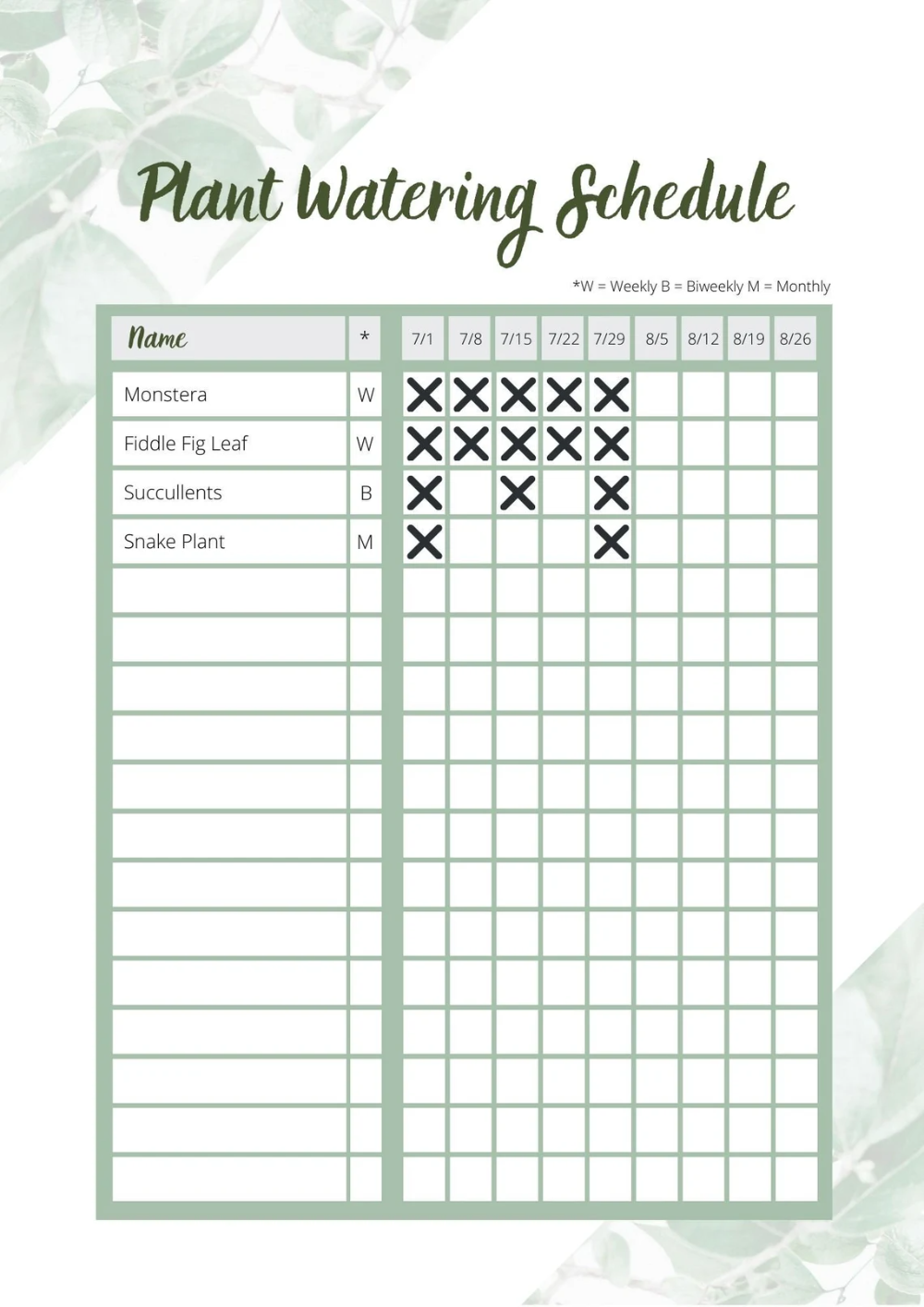 Printable Plant Watering Schedule Template