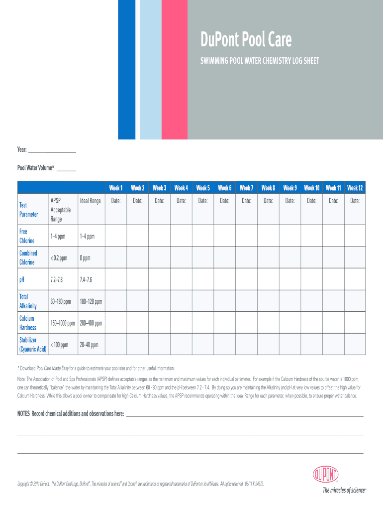 Printable Pool Chemical Log Template