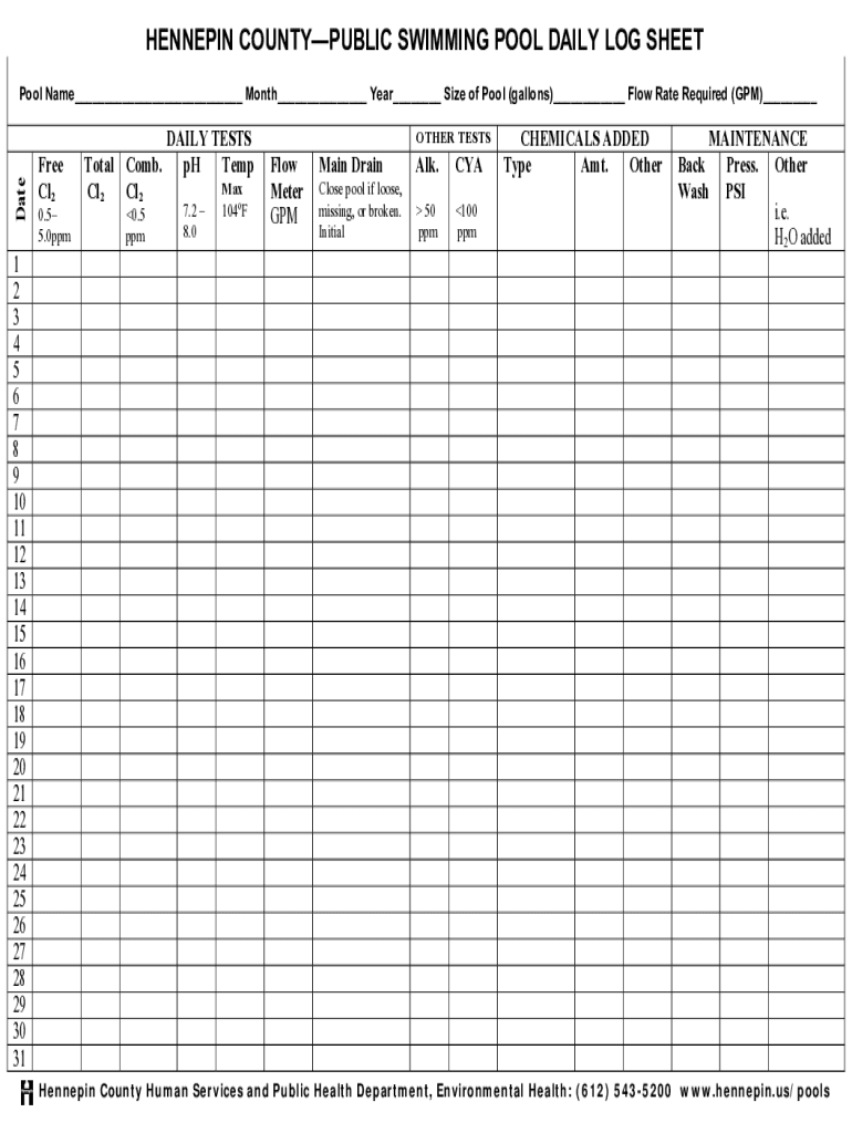 Pool Chemical Log Sheet Pdf Fill Out Sign Online DocHub