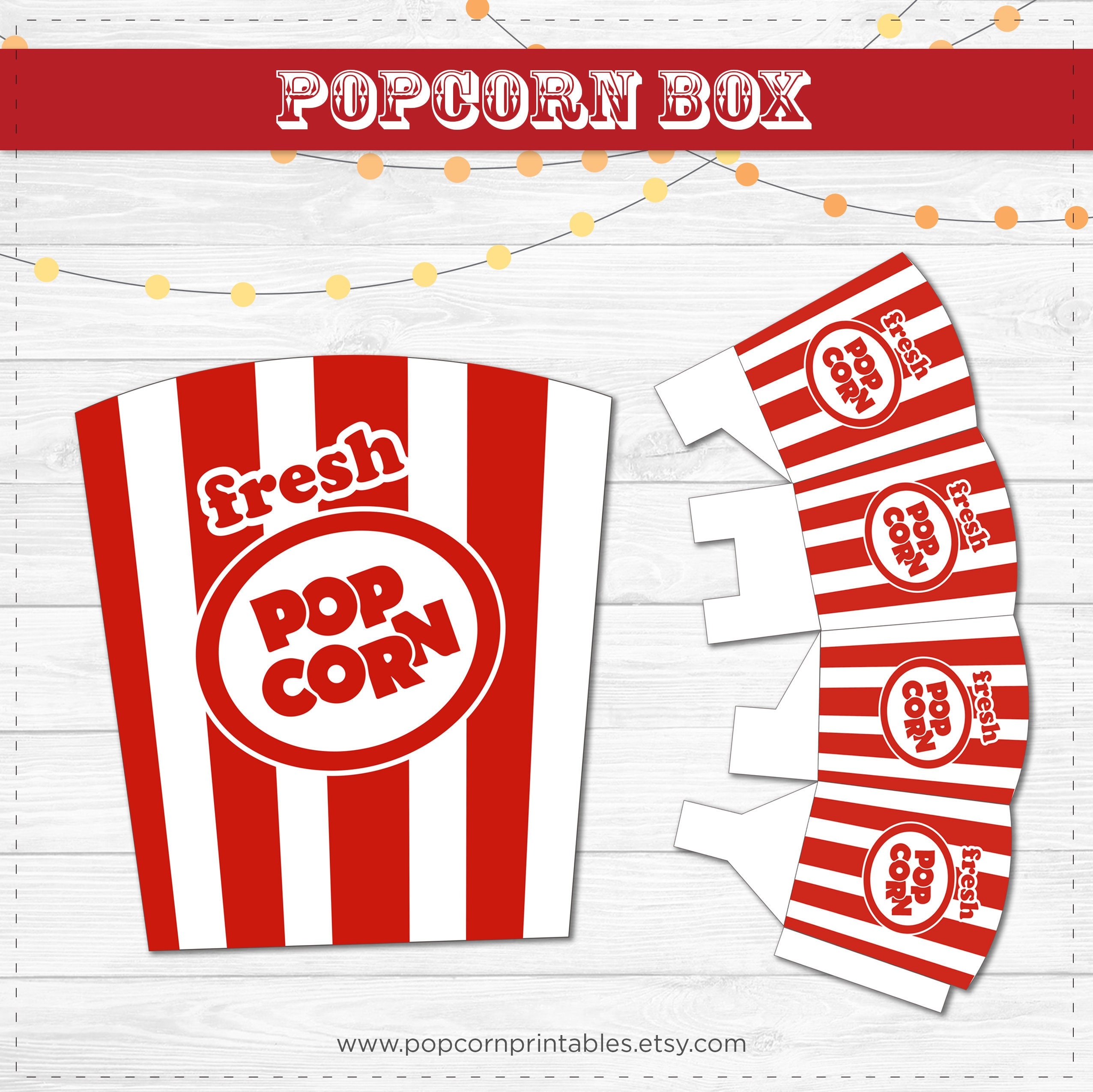Popcorn Box Printable Instant Download PDF Carnival Popcorn Red White Stripes DIY Old Fashioned Retro Popcorn Party Movie Night Etsy