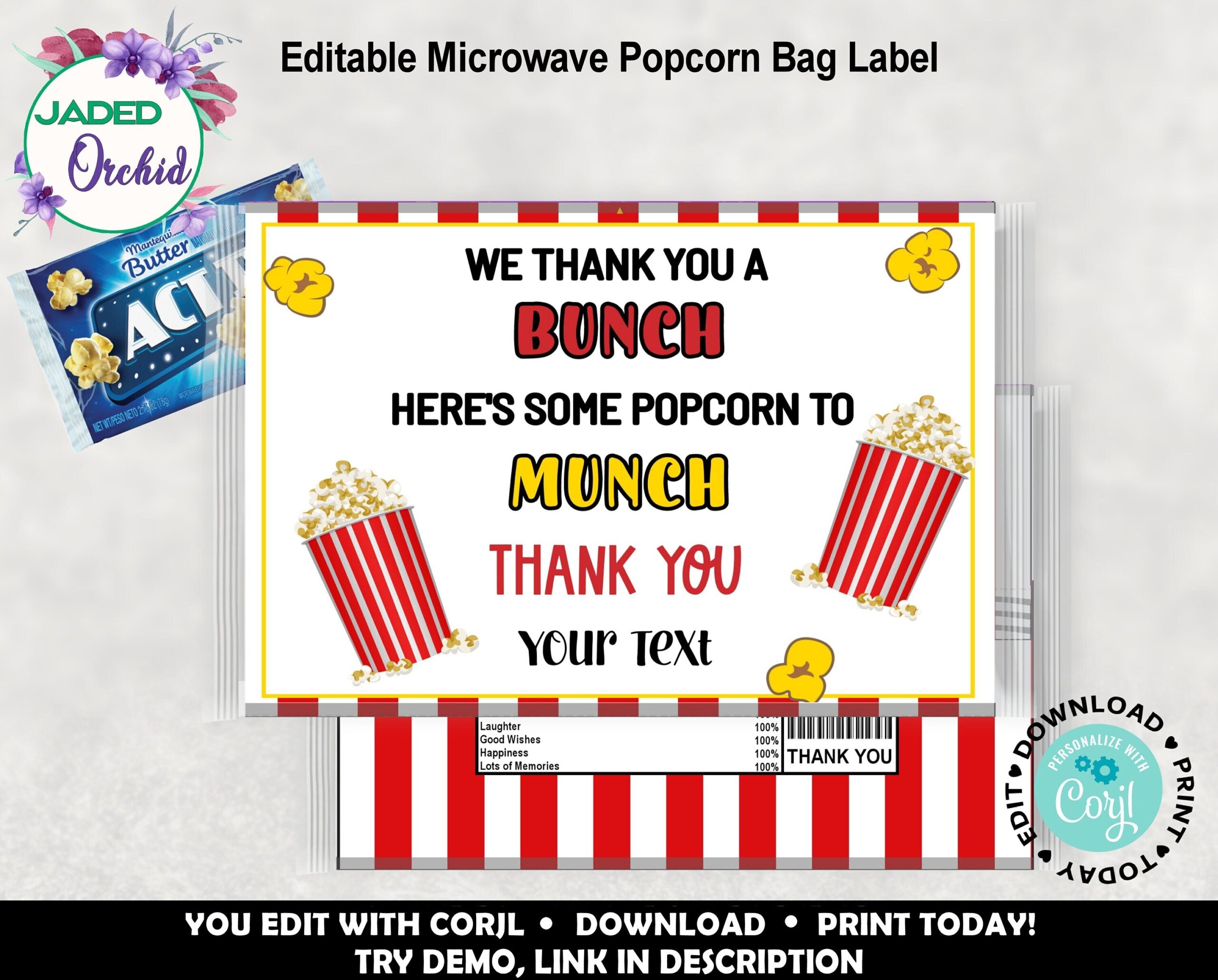 Popcorn Wrapper Template Printable Thank You Party Favor Teacher Appreciation Thank You Popcorn Label Thank You Popcorn Wrapper Template Etsy