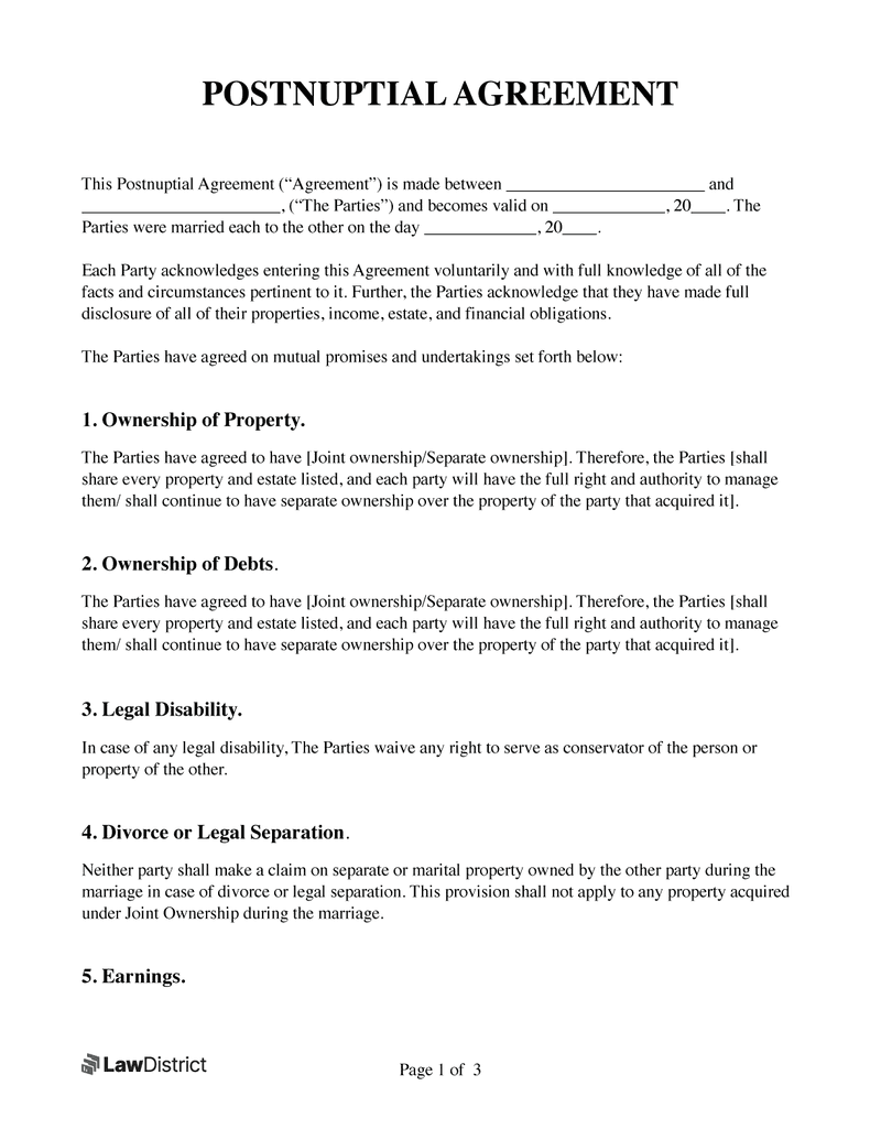 Postnuptial Agreement Template Free PDF Postnup LawDistrict