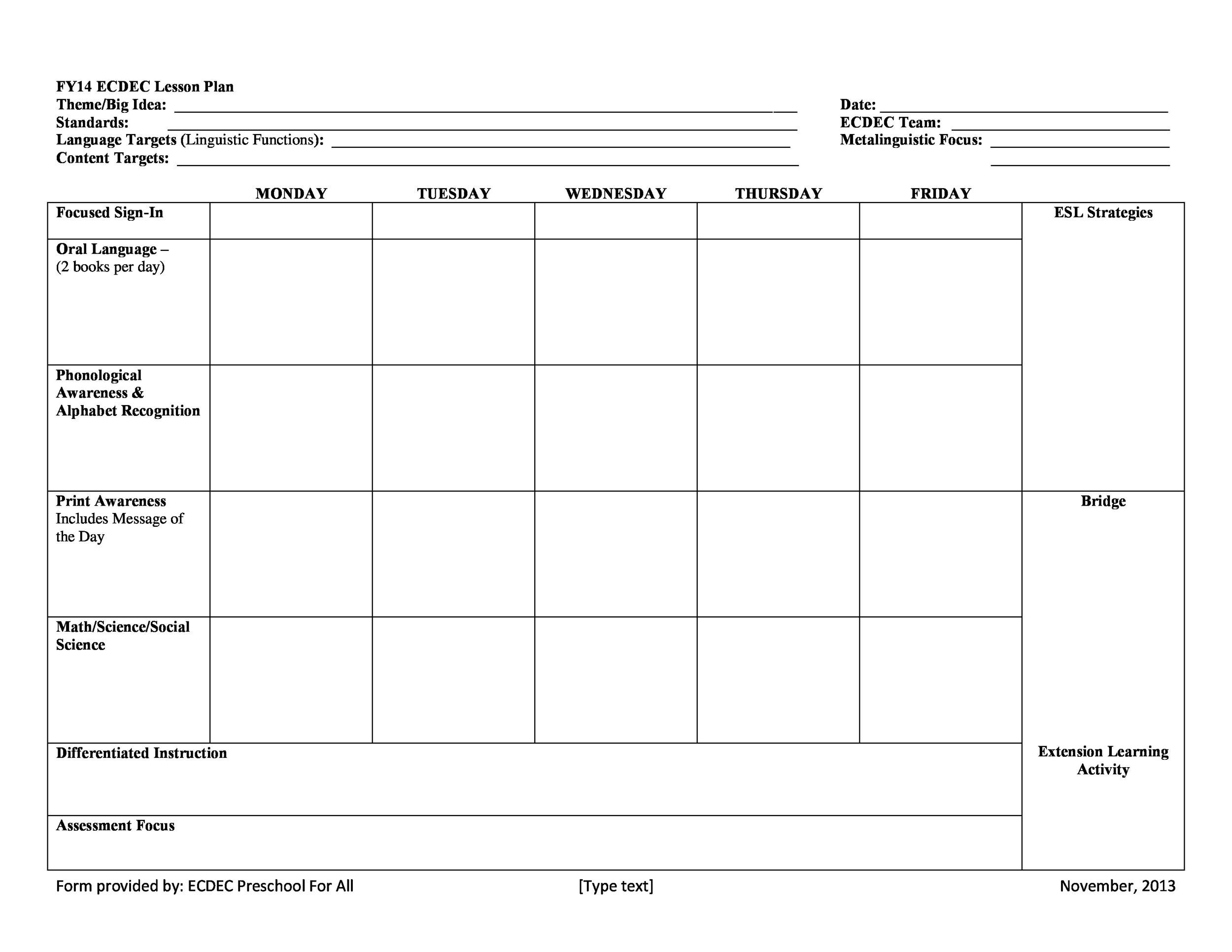 Printable Lesson Plan Template For Preschool