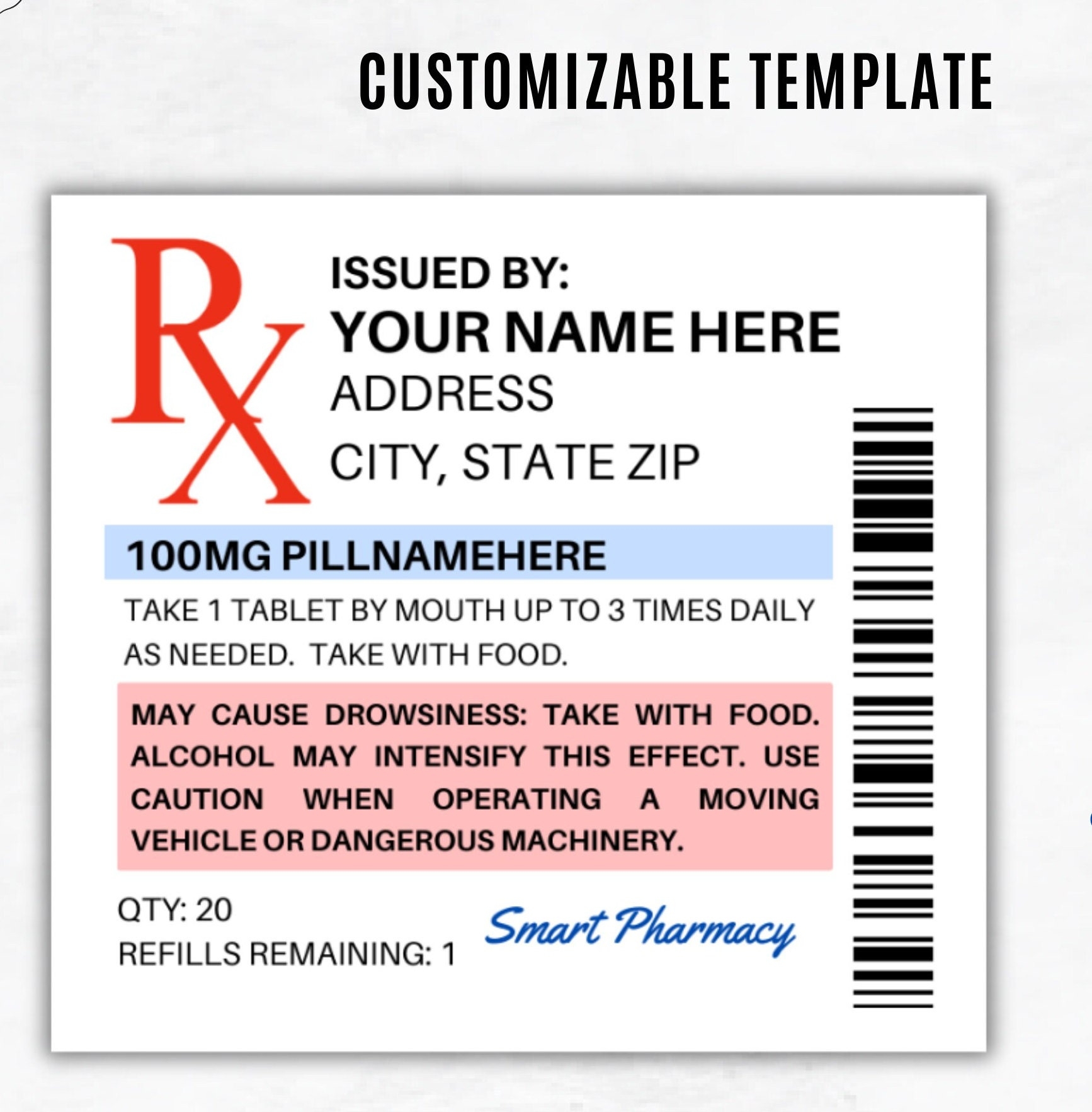 Prescription Label Template Editable RX Bottle Label Template Square Pill Bottle Label Party Favor Custom Prescription Bottle Label Etsy