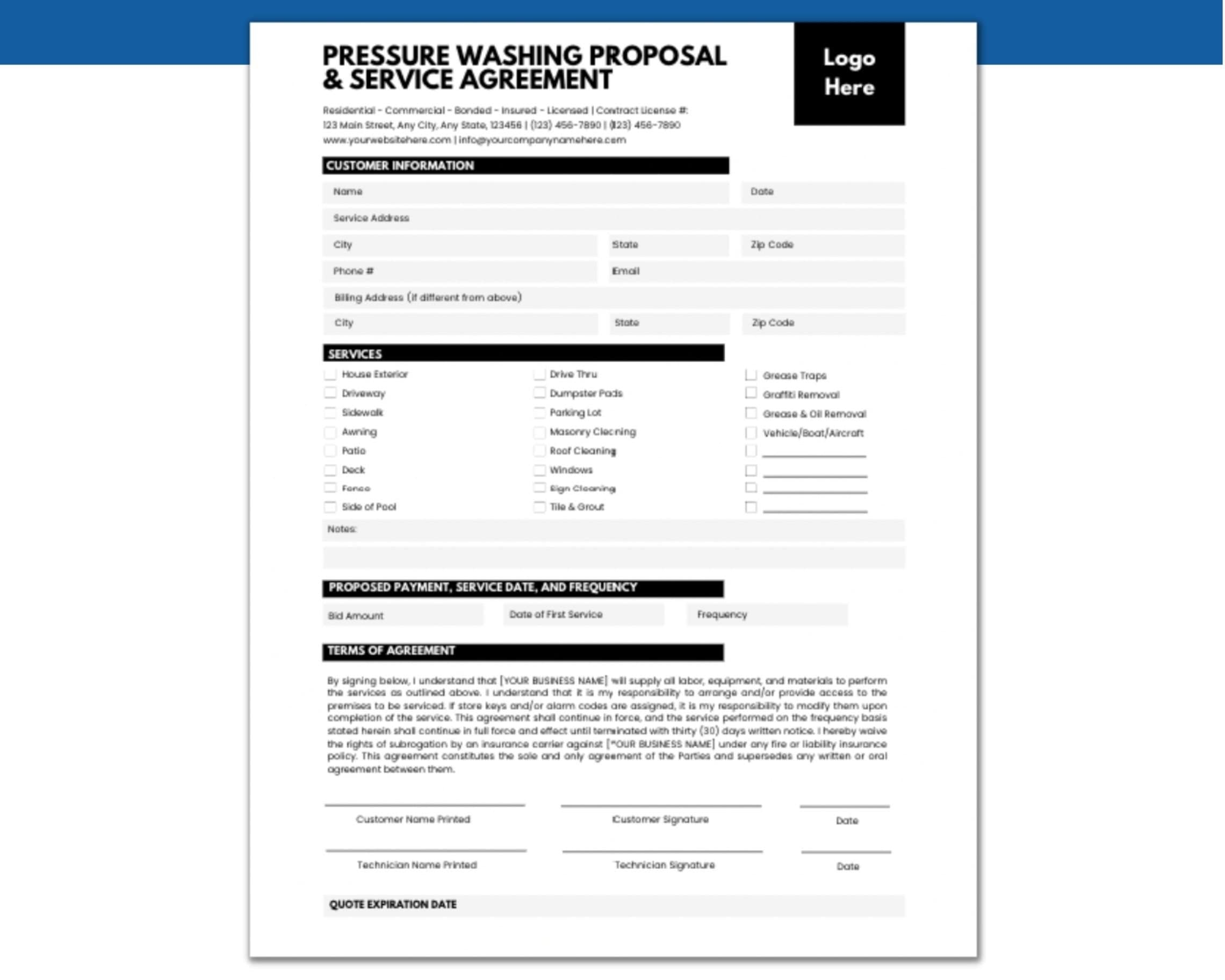 Pressure Washing Contract Template Pressure Washing Estimate Template Printable Pressure Washing Bid Template Pressure Washing Quote Etsy