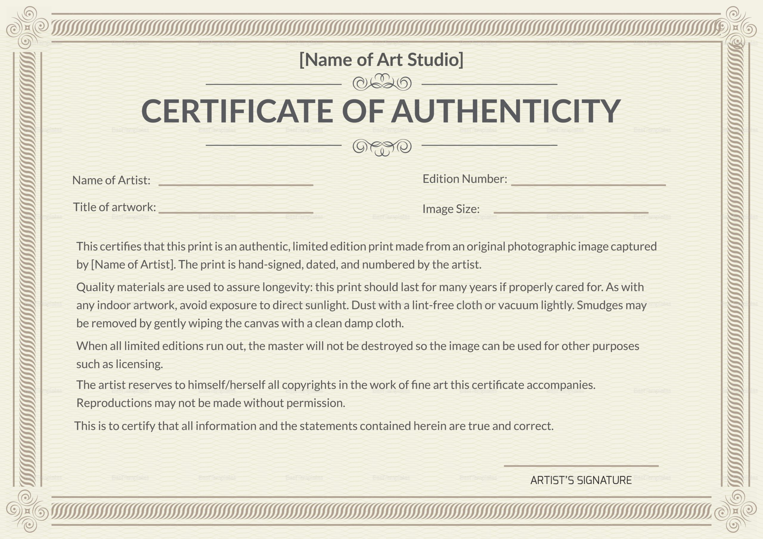 Printable Blank Certificate Of Authenticity Template