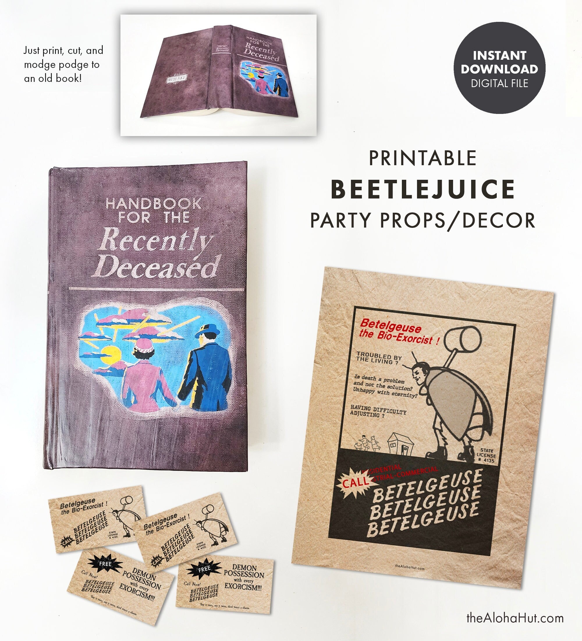 Printable BEETLEJUICE PROPS Handbook For The Recently Deceased Book Cover Betelgeuse Ad Business Cards Halloween Party Decor Beetle Juice Etsy