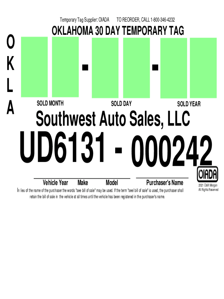 Printable Blank Oklahoma Temporary Tag Template Templates Online