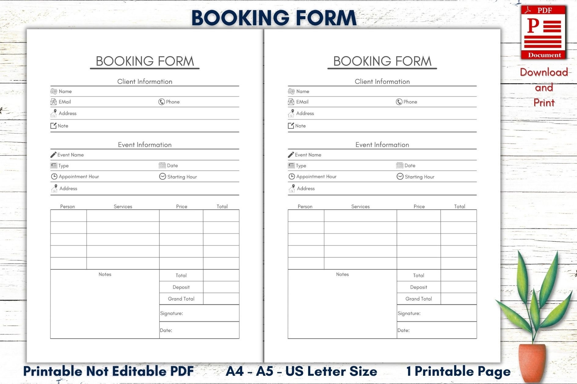 Printable Booking Form Printable Service Form Printable Client Form PDF Booking List Template Instant PDF A4 A5 Letter Appointment Etsy