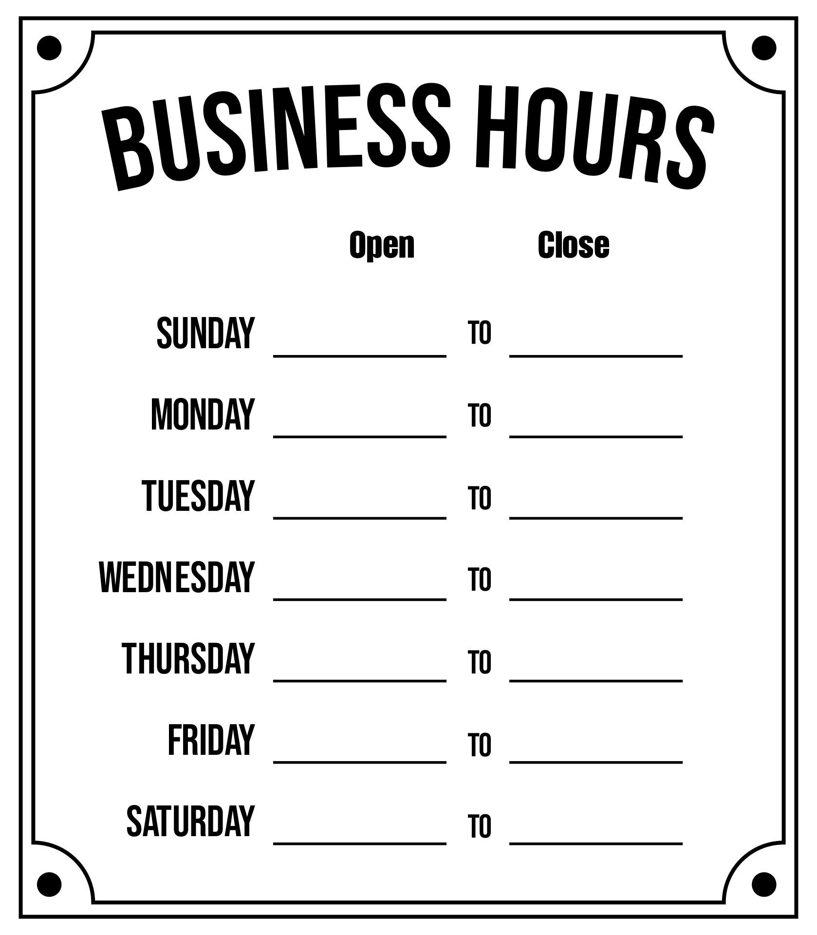 Printable Business Hours Sign Template