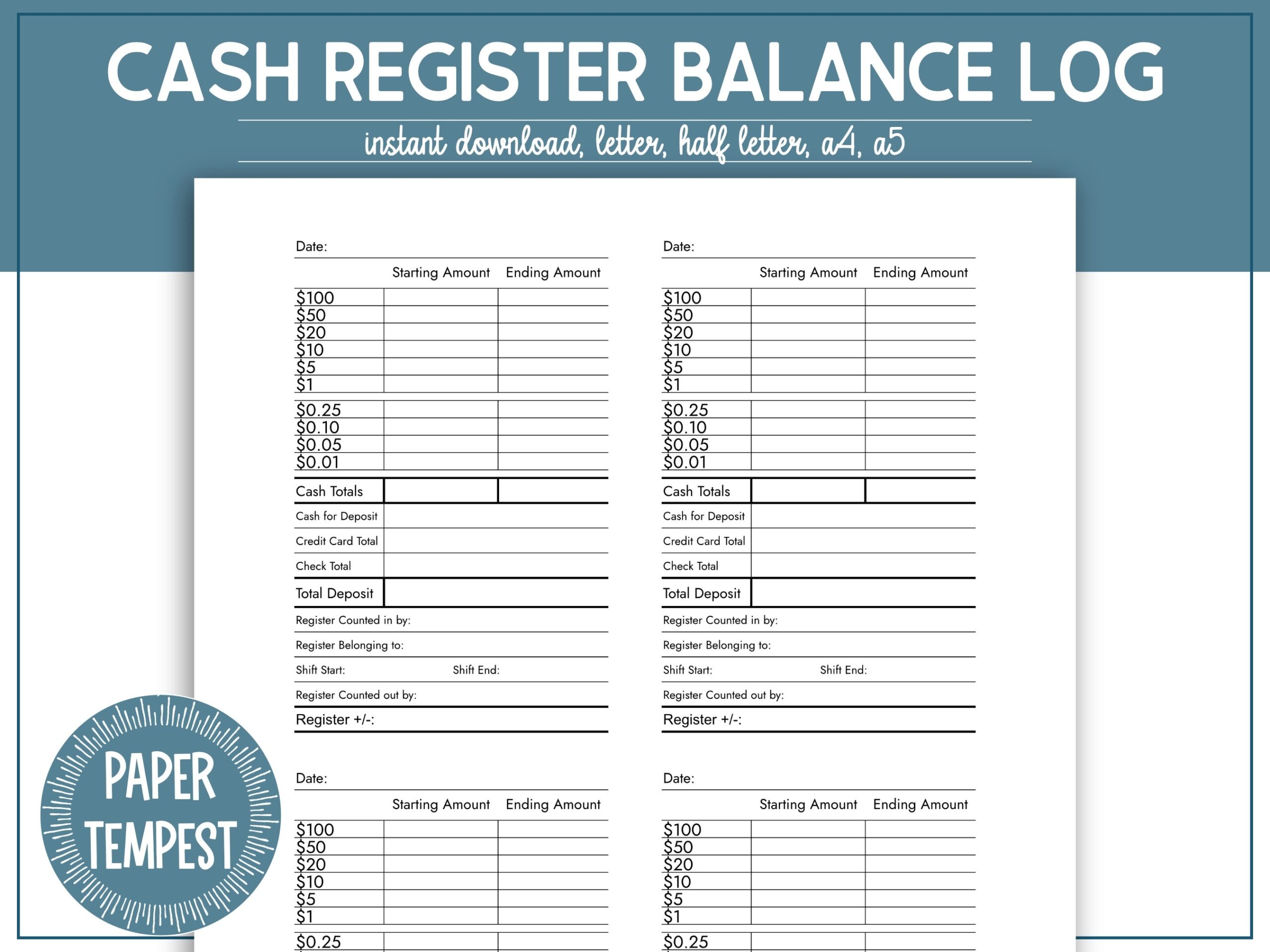 Printable Cash Register Till Balance Shift Sheet In Out Template