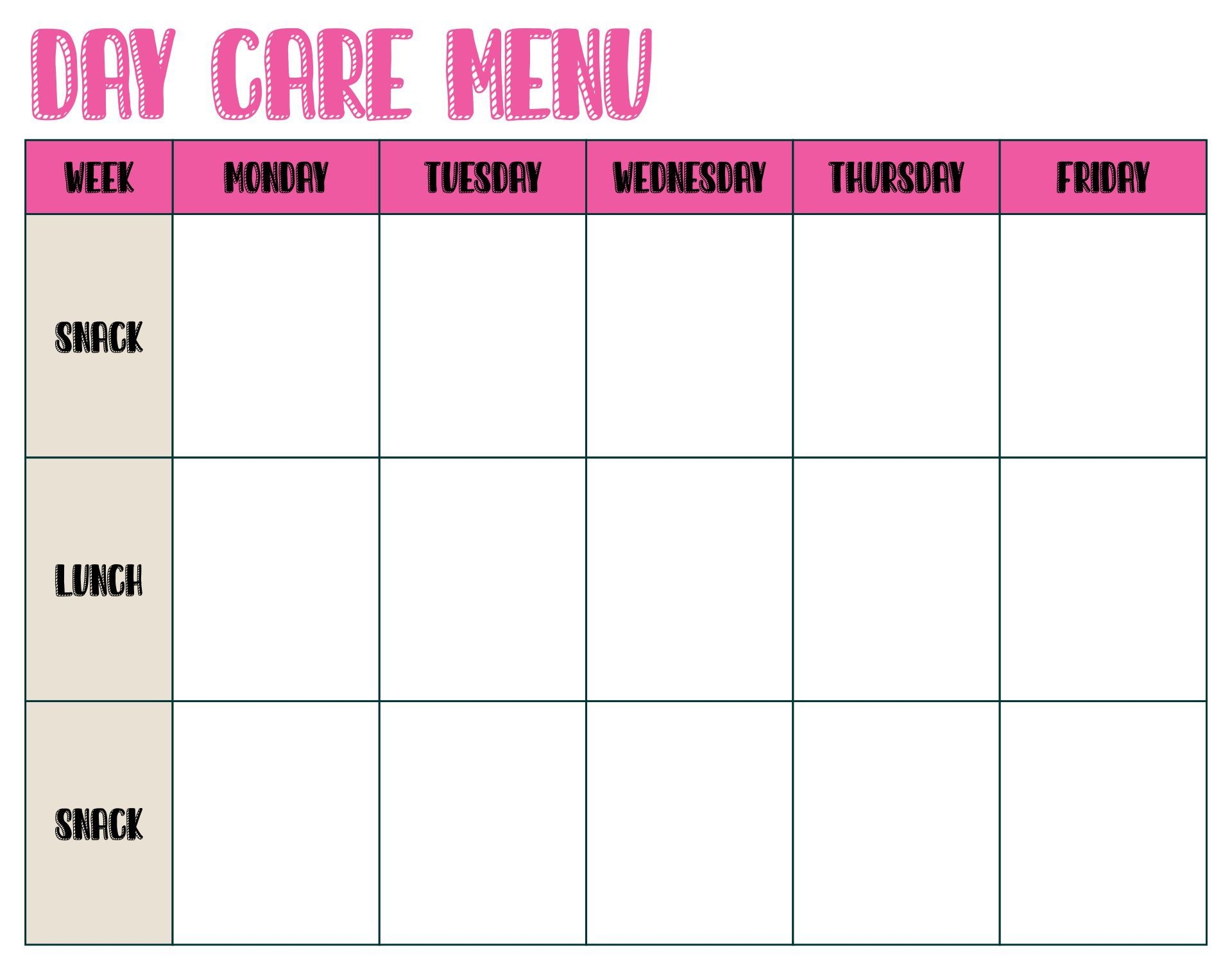 Printable Childcare Blank Menu Templates Printable Menu Template Menu Daycare Menu