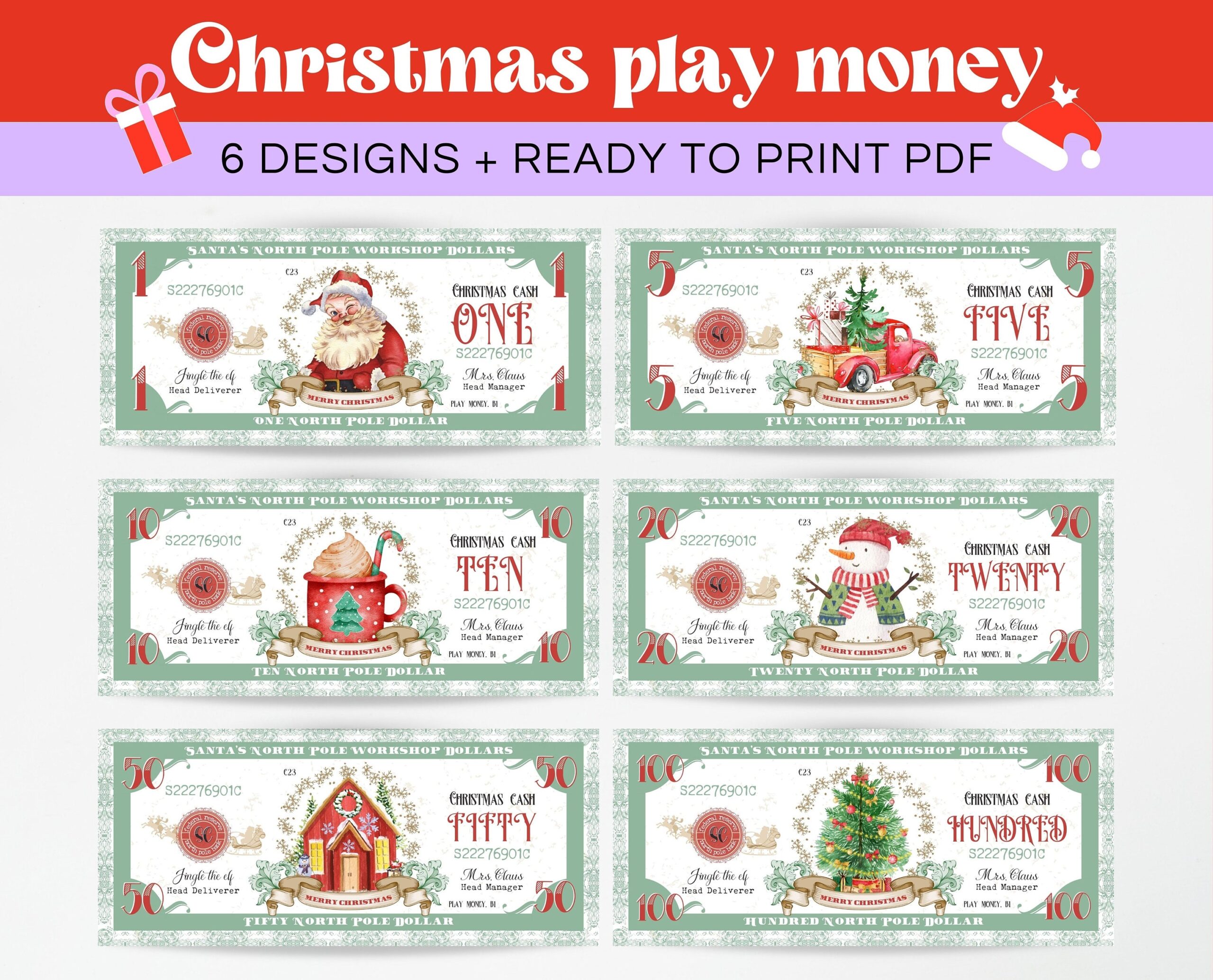 Printable Christmas Money North Pole Dollar Bill Kid s Activity Ready To Print Christmas Play Money Etsy