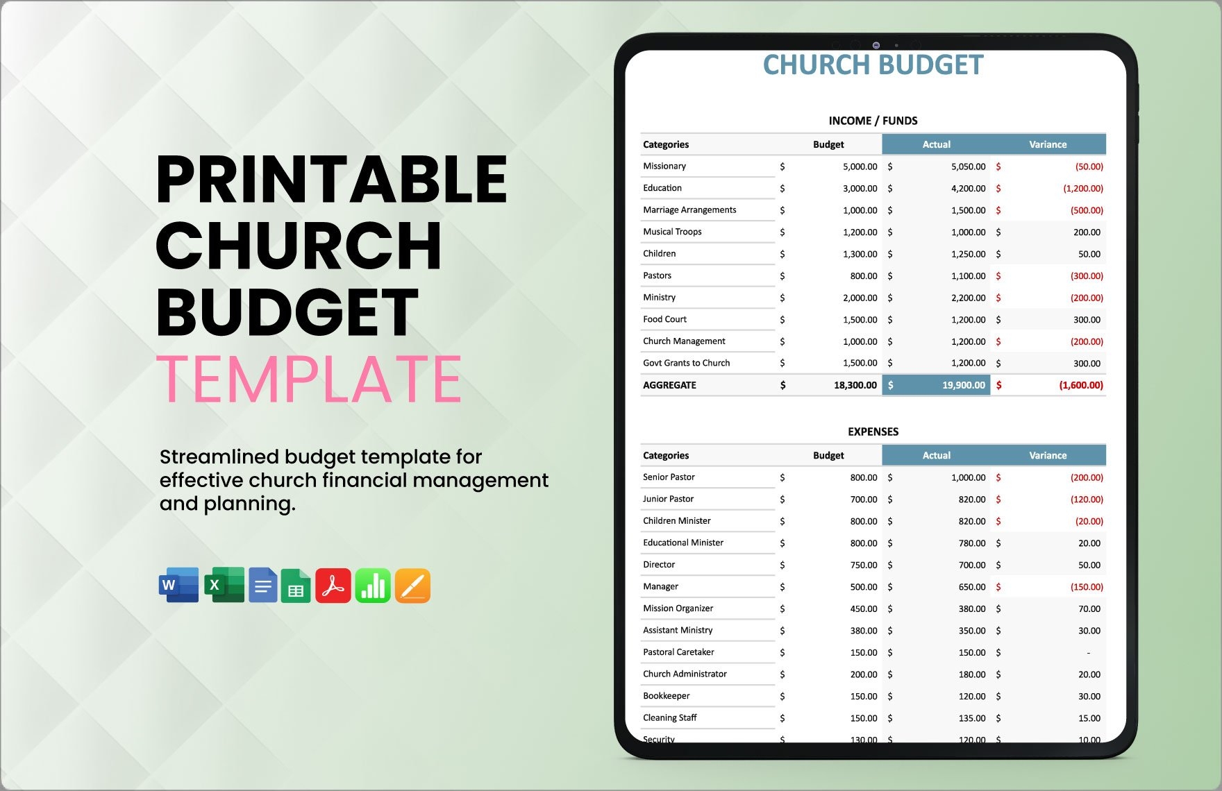 Printable Church Budget Template In MS Word GDocsLink Pages Numbers Portable Documents MS Excel Google Sheets Download Template