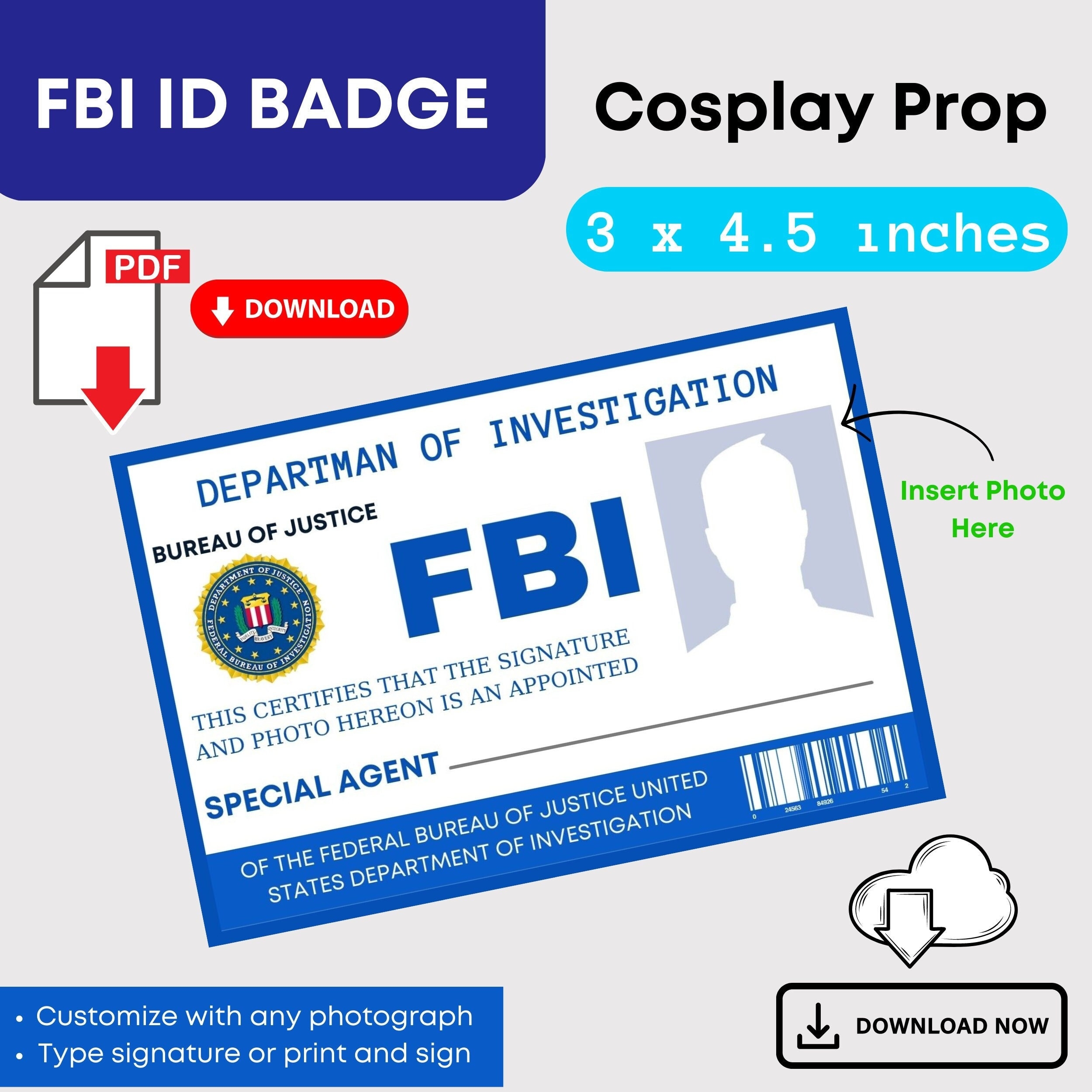 Printable Cosplay FBI Badge Custom ID Card Prop Replica Bureau Of Just ce Digital Instant Download PDF Etsy
