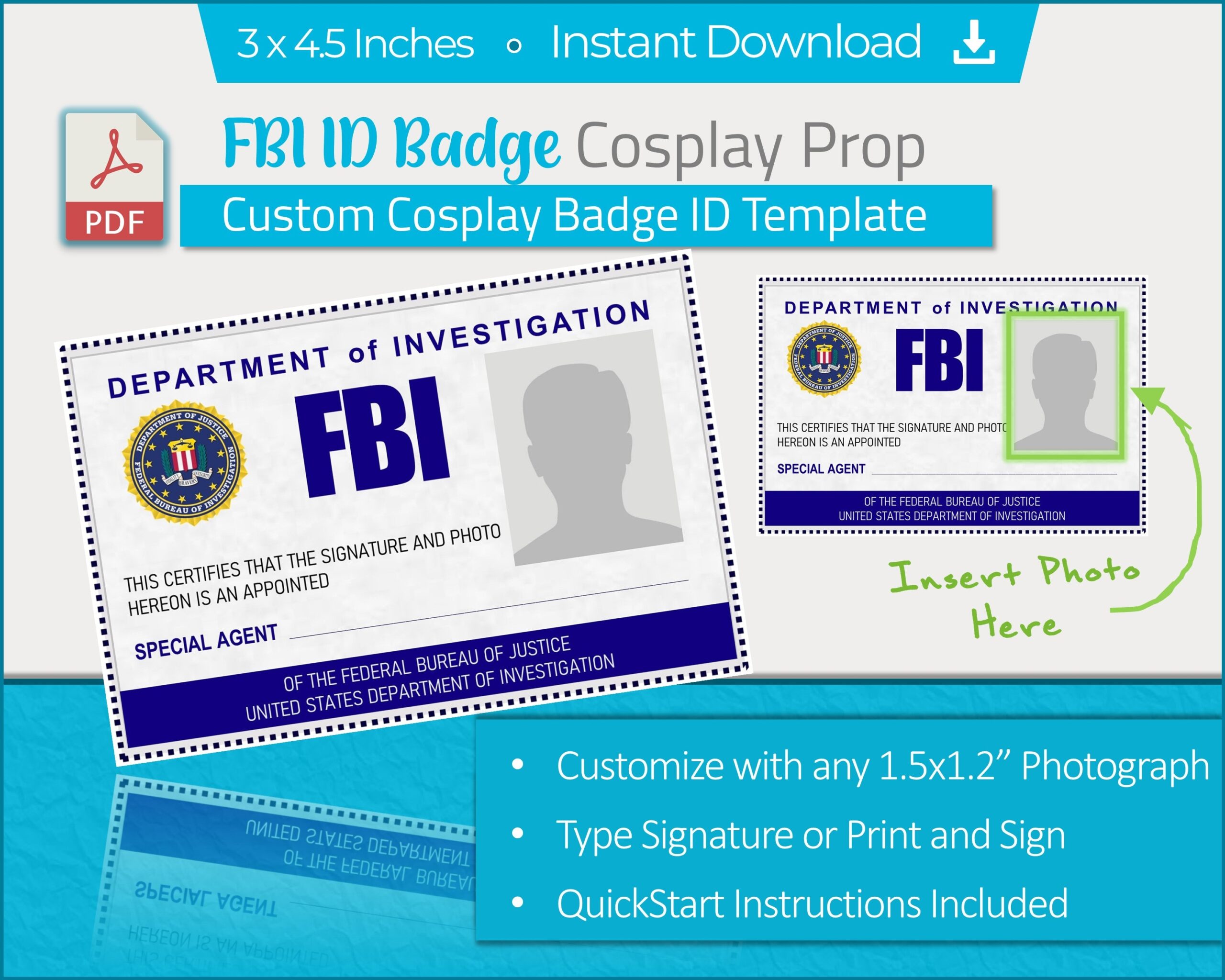 Printable Cosplay FBI Badge Custom ID Card Prop Replica Digital Instant Download PDF Etsy