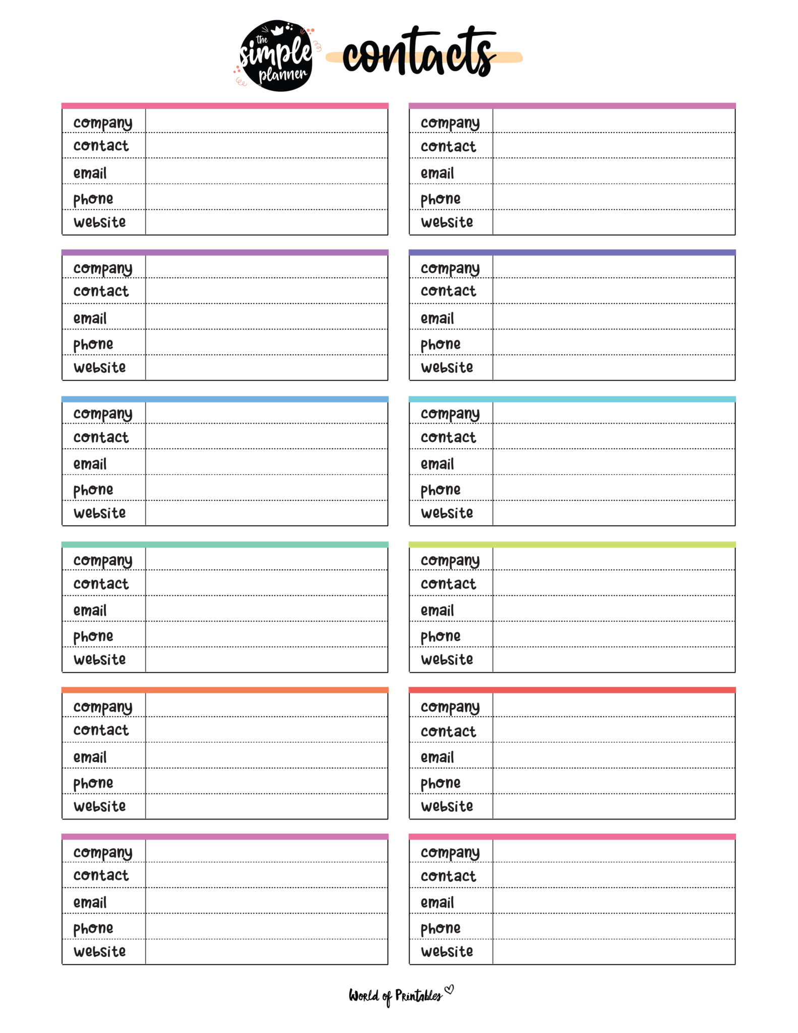 Printable Cute Contact List Template List Template Contact List Free Printables Organization